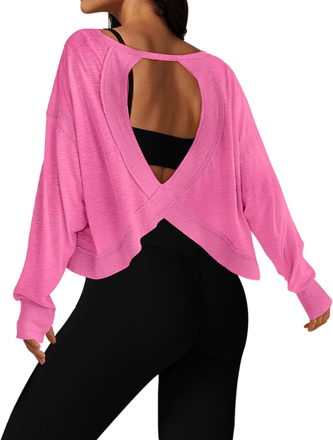 UNIANKIYA Open Back Workout Tops for Women Long Sleeve Cropped Athletic Clothes Gym Running Yoga Low Impact Sports T Shirts