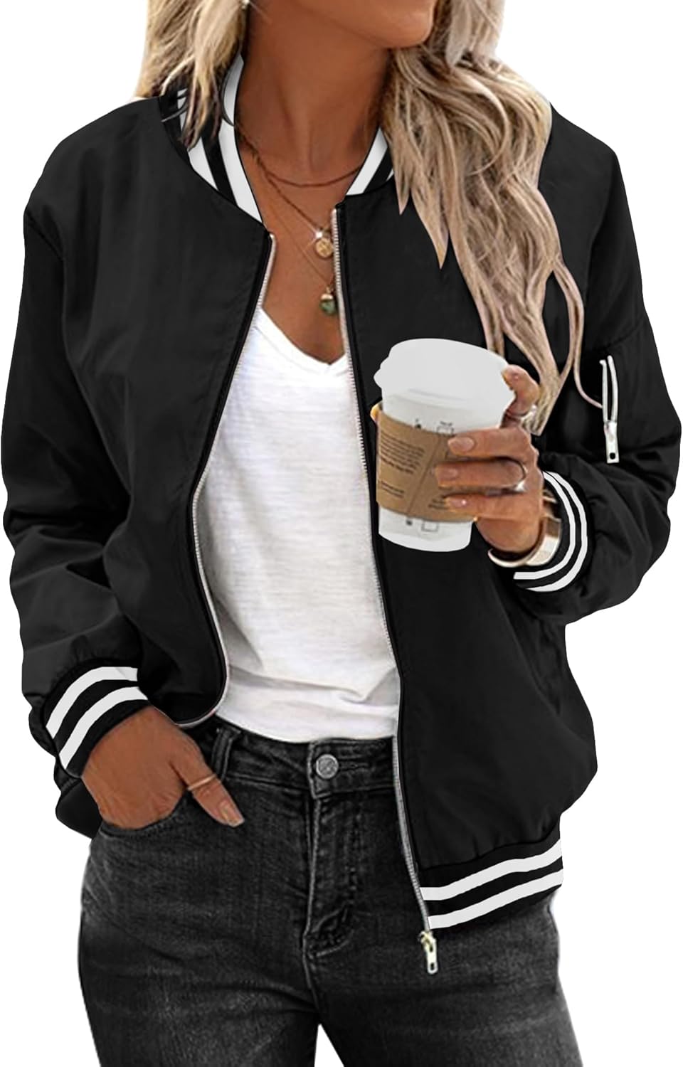 Zeagoo Women's Bomber Jacket Casual Coat Zip Up Spring Fall Clothes with Pockets S-XXL