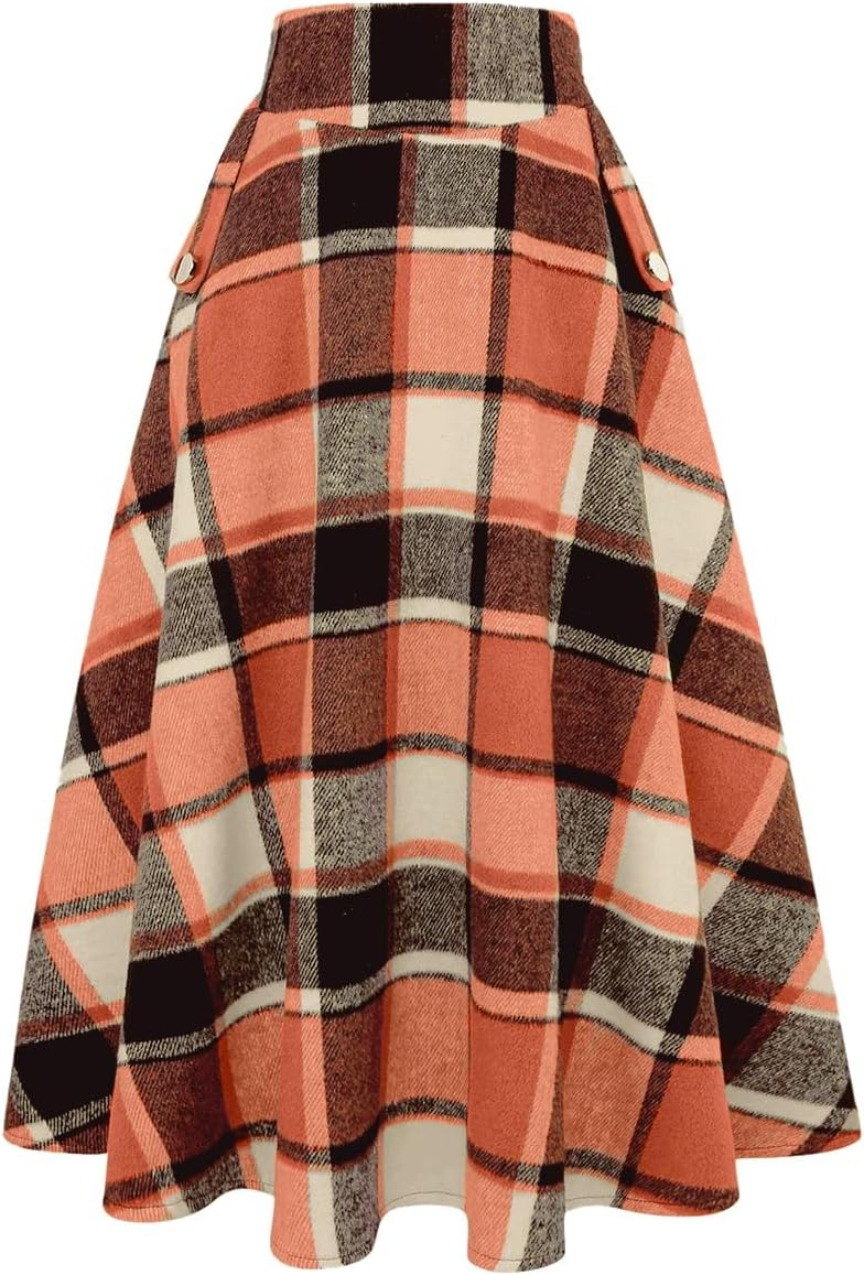 IDEALSANXUN Women’s Fall Winter High Waisted Wool Plaid A-line Long Skirt