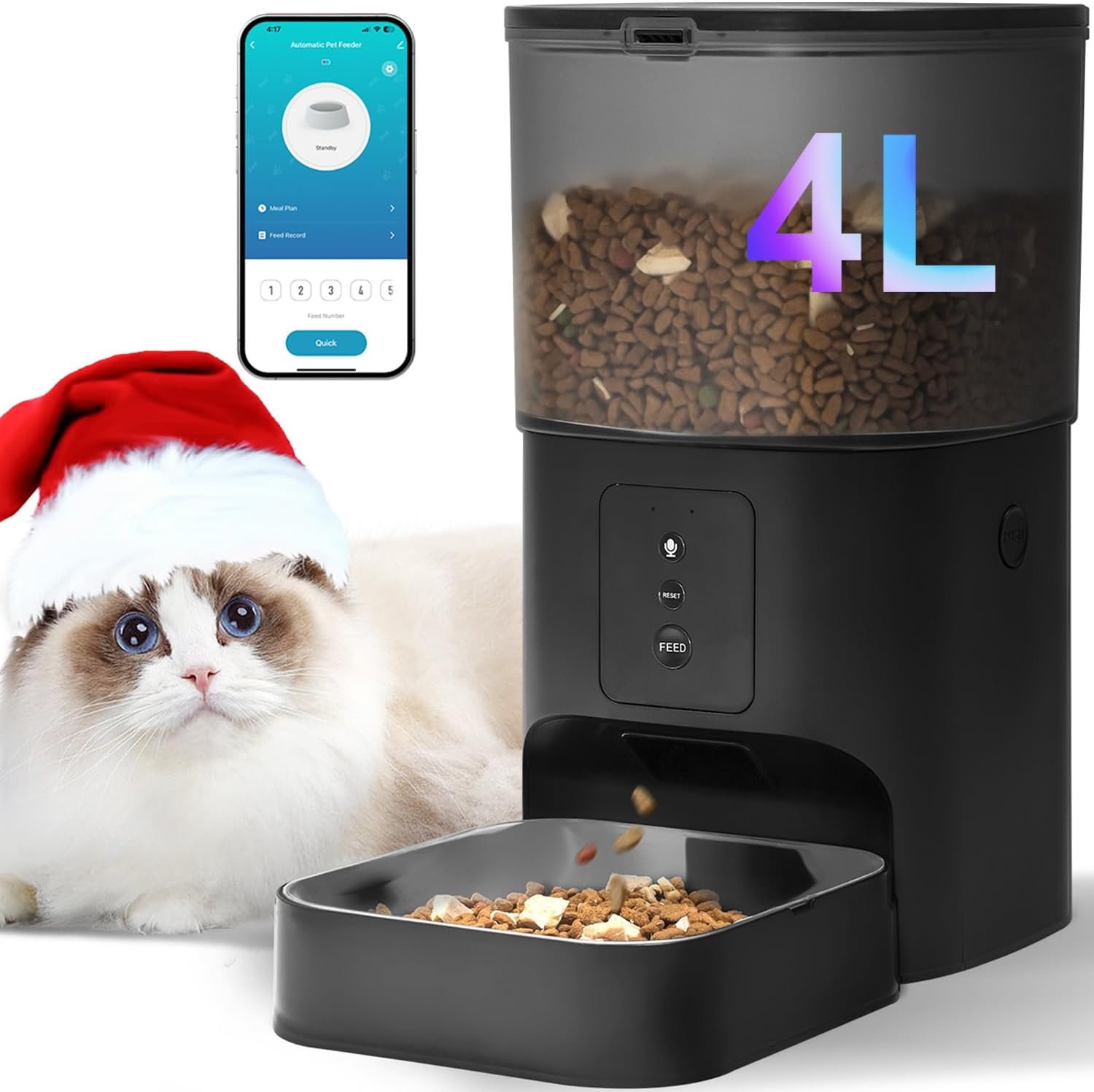 Automatic Cat Feeder, 4L Cat Food Dispenser with 10s Voice Recorder, Pet Feeder up to 8 Meals per Day, Timed Dog Feeder with Dry Food Sealed Ring (White, 4L-Basic)