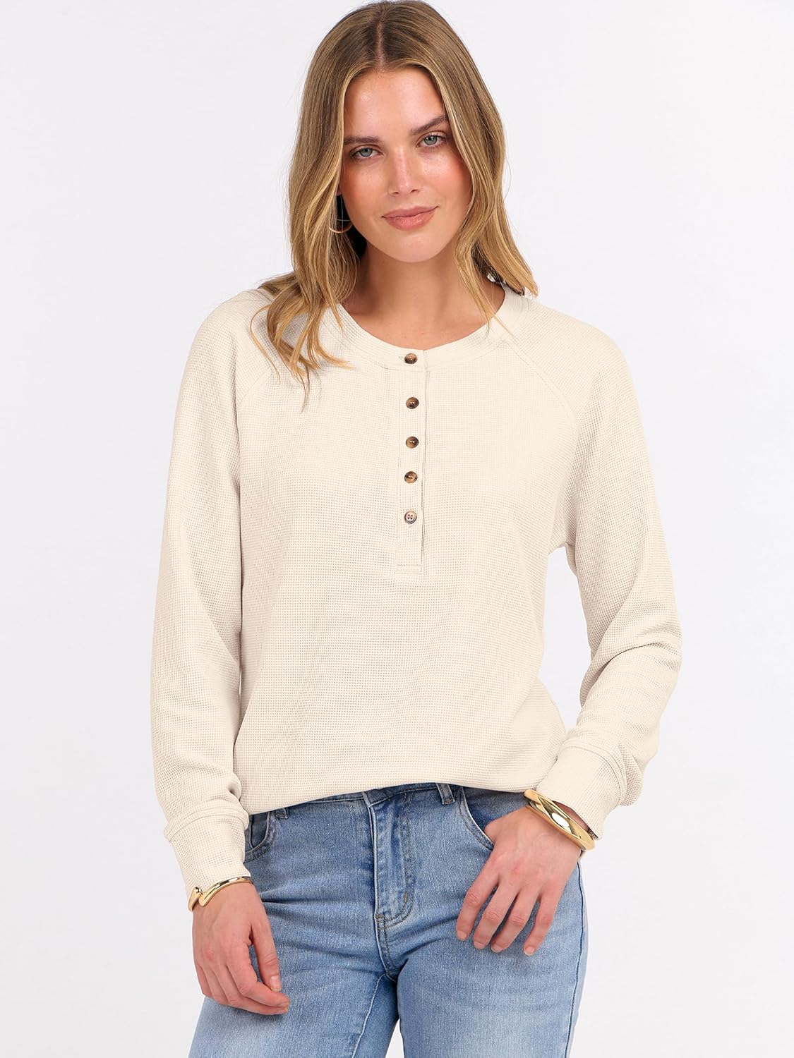 ANRABESS Women's Long Sleeve Waffle Knit Shirts Dressy Casual Loose Button Up V Neck Henley Tops 2026 Fall Basic Tee Blouse