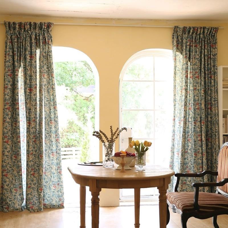Boho Linen Curtains for Living Room - 60% Blackout Farmhouse Floral Patterned Pinch Pleat Curtains, Blue Burgundy on Beige, 72 Inches Long, 1 Panel, W72 x L72