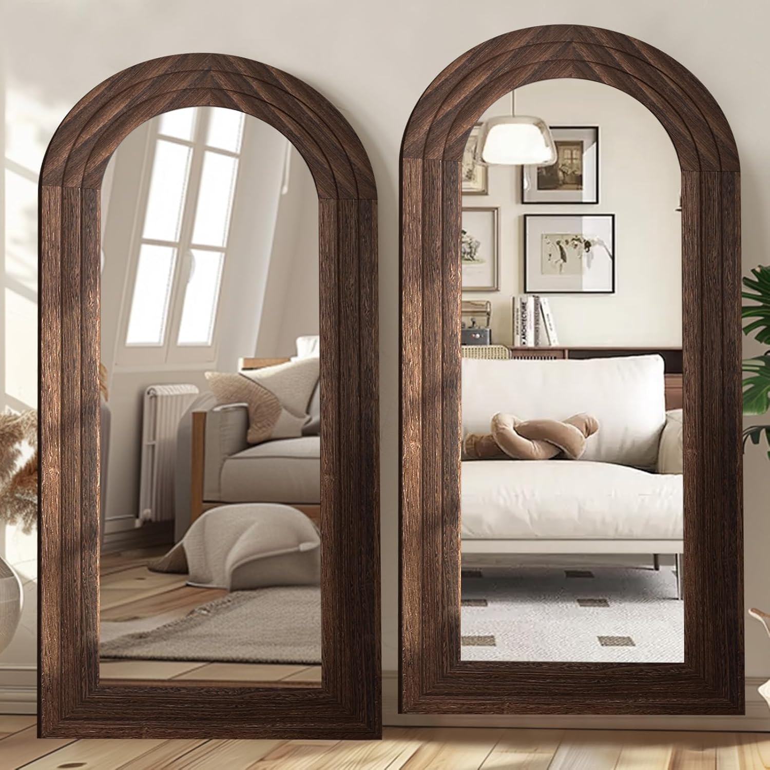 Arched Full Length Mirror with Solid Wood Frame, 71x32 Farmhouse Wall Mounted Floor Mirror with Stand, Vertical Hanging, Leaning Standing for Bedroom, Living Room, Brown