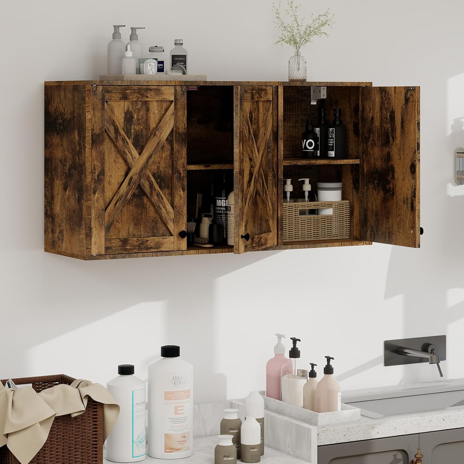 YOURLITE Laundry Cabinet, Medicine Cabinet, Bathroom Kitchen Storage Wall Mounted Farmhouse Organizer with Shelves Over Toilet, One Set of 2 Pieces X 24