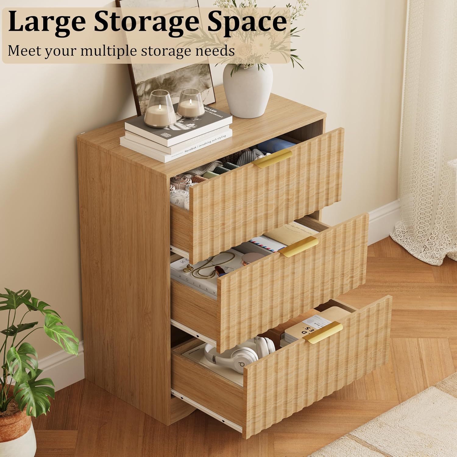 Fluted Nightstand with 3 Drawers, 30