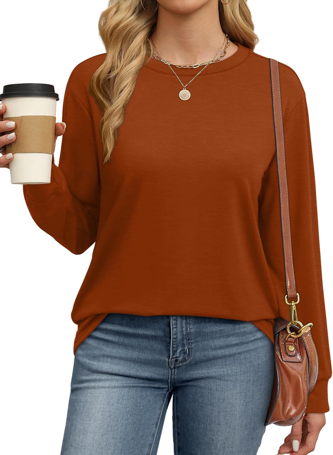 WIHOLL Womens Long Sleeve Shirts Loose Fits Fall Outfits Basic Casual Tunic Tops Crewneck Clothes