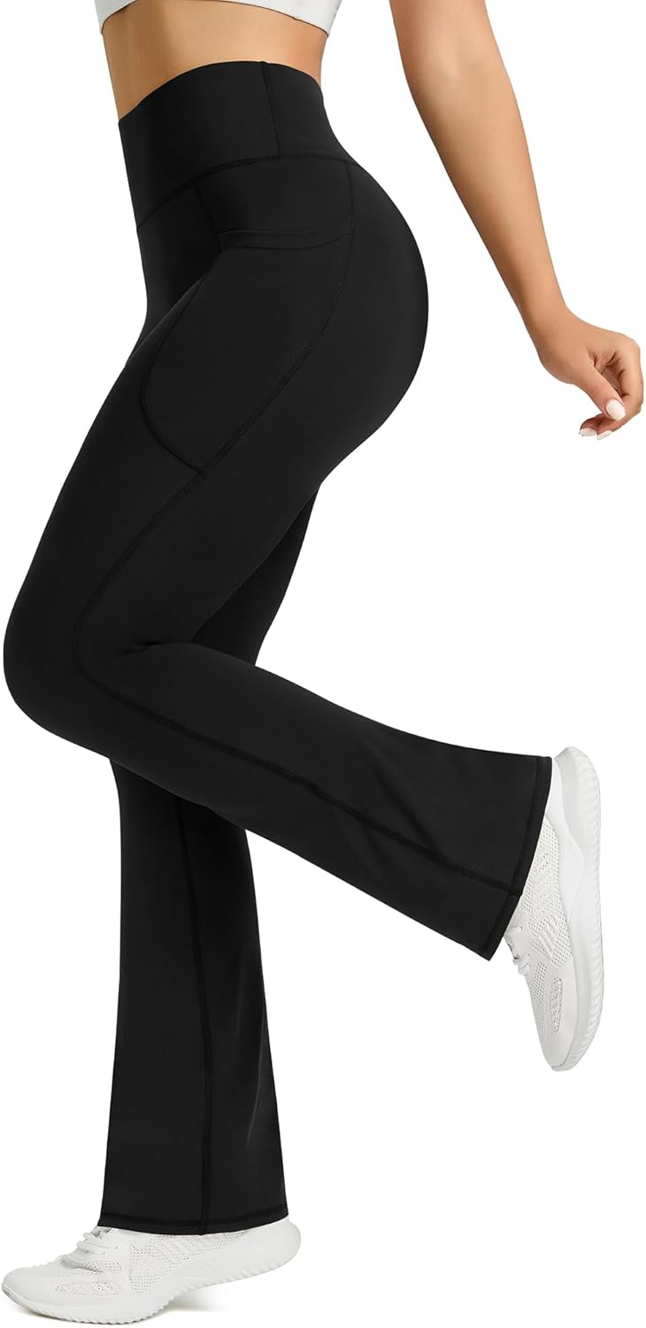 Womens Flared Yoga Pants with Pockets, High Waisted Flare Leggings Bell Bottom Bootcut Yoga Dress Pants
