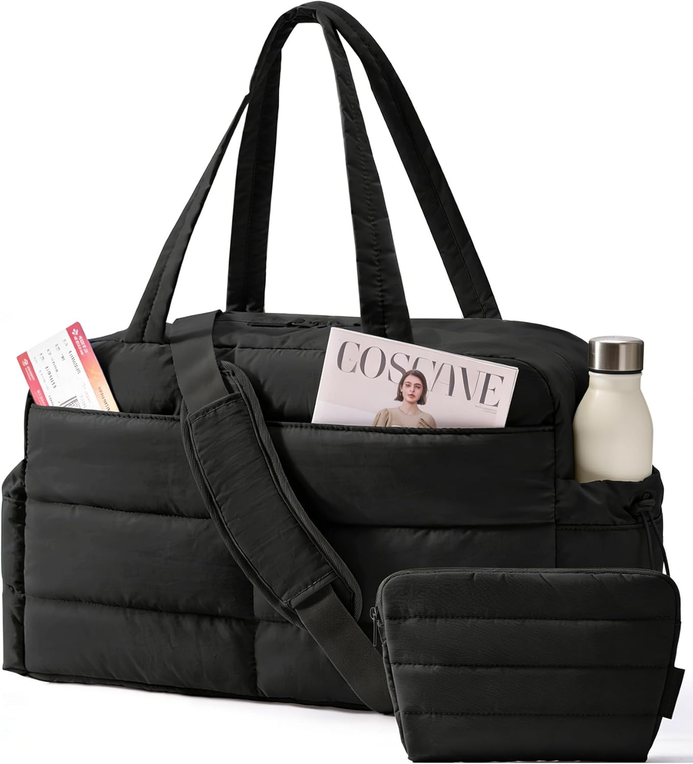 BAGSMART Gym Bag for Women, Lightweight Puffer Duffle Bag 2-PC Travel Bag, 31L Weekender Overnight Bag Quilted Carry On Tote Bag, Diaper Hospital Dance bag for Travel, Gym, Water Resistant, Pink