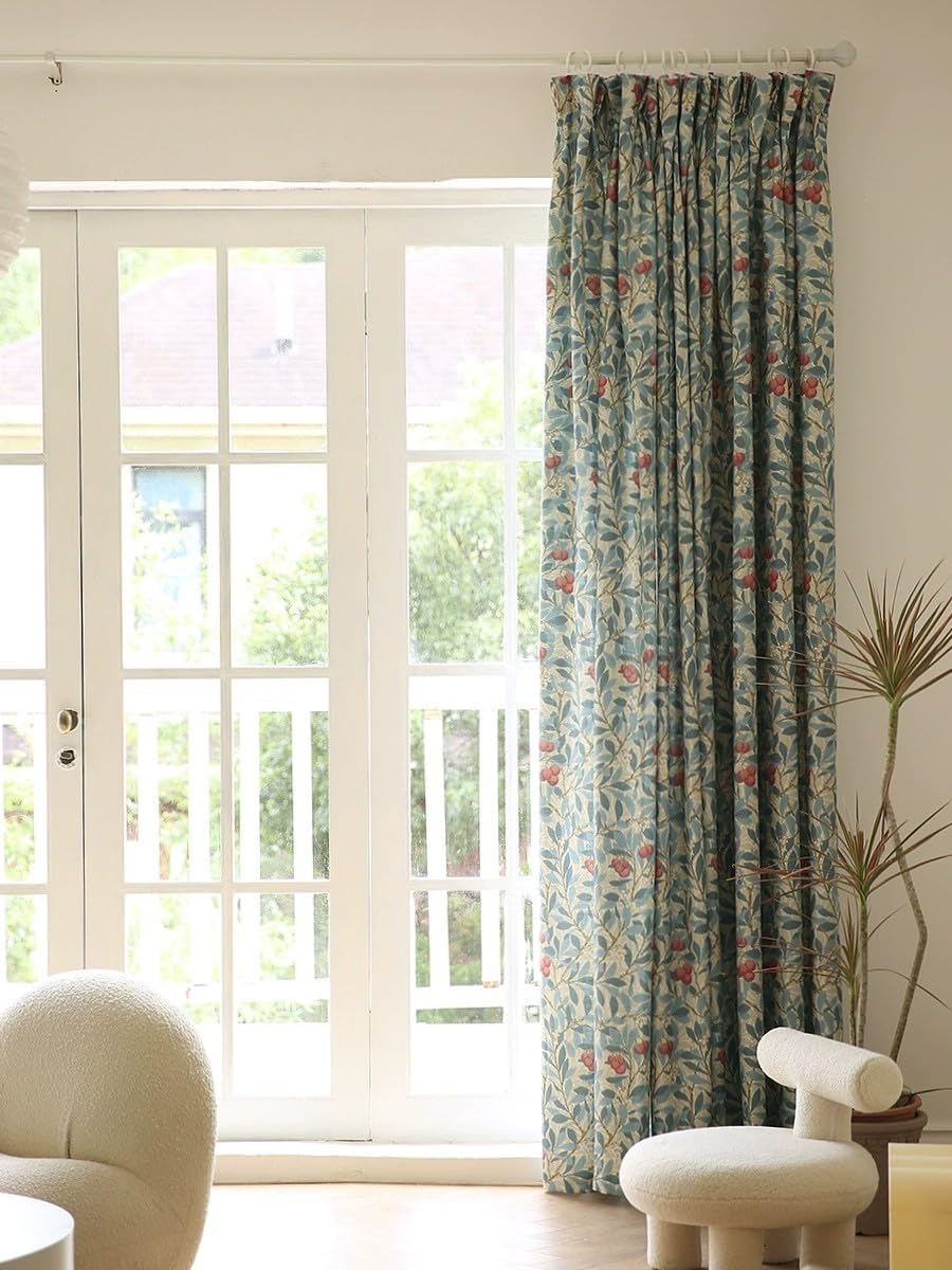 Boho Linen Curtains for Living Room - 60% Blackout Farmhouse Floral Patterned Pinch Pleat Curtains, Blue Burgundy on Beige, 72 Inches Long, 1 Panel, W72 x L72
