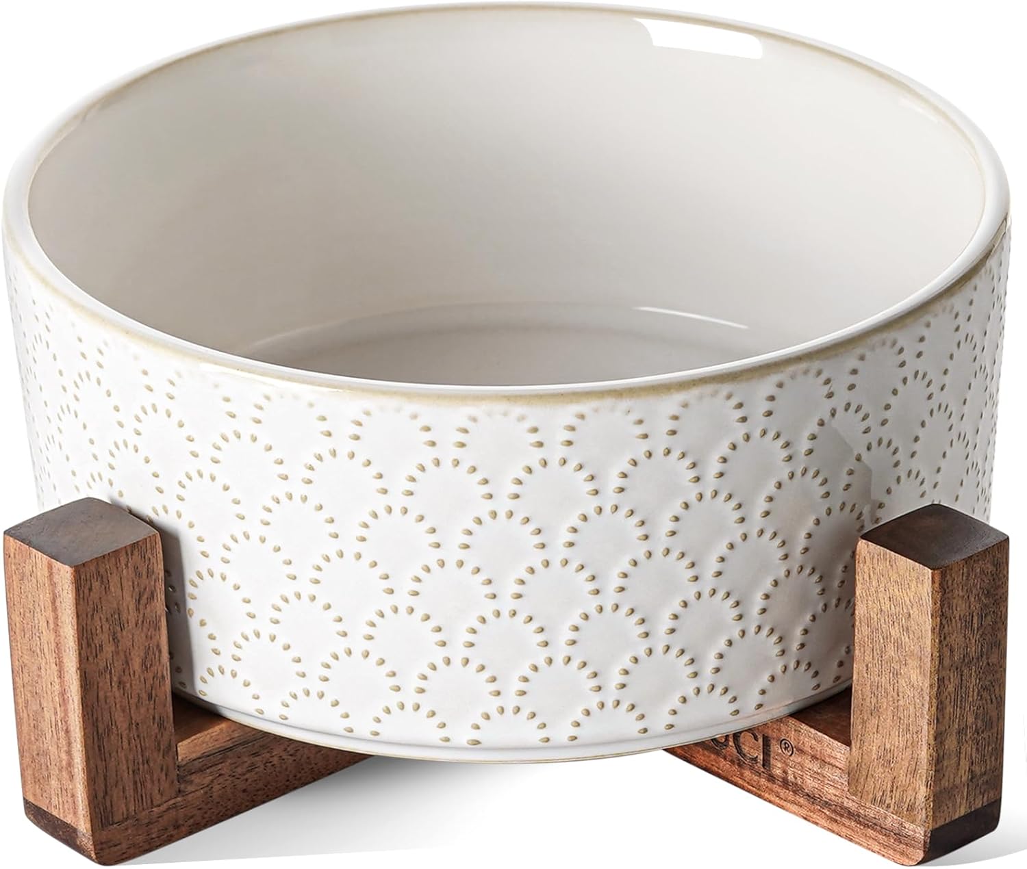 Dog Bowls Ceramic for Small Medium Dogs - 3-Cup Dual Food & Water Bowl Set with Acacia Wood Stand, Non-Slip Anti-Tip Elevated Design