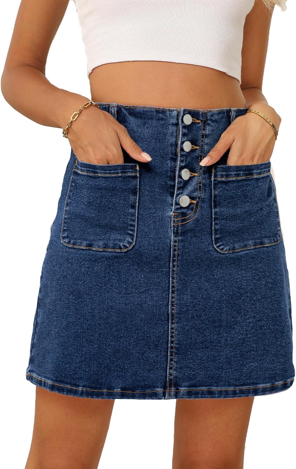 Sidefeel Women's Jean Skirt High Waist Summer Stretch Zimbaplatinum Denim Skirt Button Knee Length Skirt with Pockets