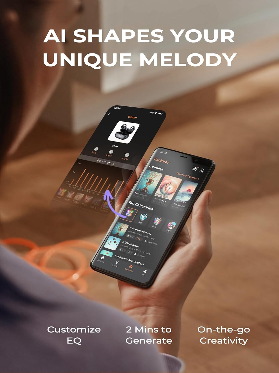 Open Ear Clip On Earbuds, Bluetooth 5.4 AI Music Generator Wireless Bone Conduction Headphones with 4 Mics Clear Calls, 5.7g Ultra-Light, 30H Hi-Fi Stereo Playtime for Sports, Black