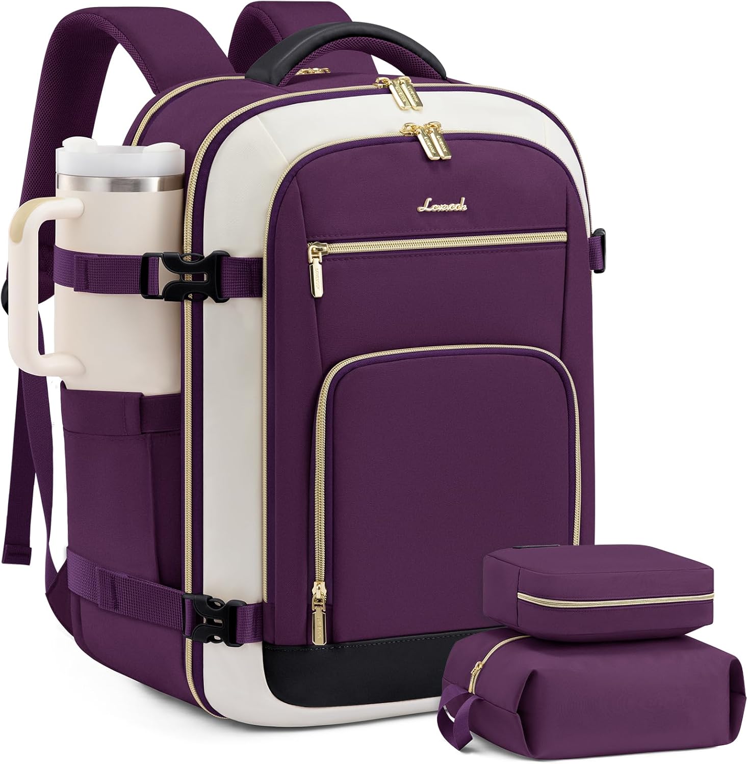 LOVEVOOK Travel Backpack For Women, 40L Carry On Backpack Flight Approved, TSA Personal Item Travel Bag Fits 17 Inch Laptop, Business Weekender Overnight Waterproof Daypack With 2 Cubes, Grey-Pink