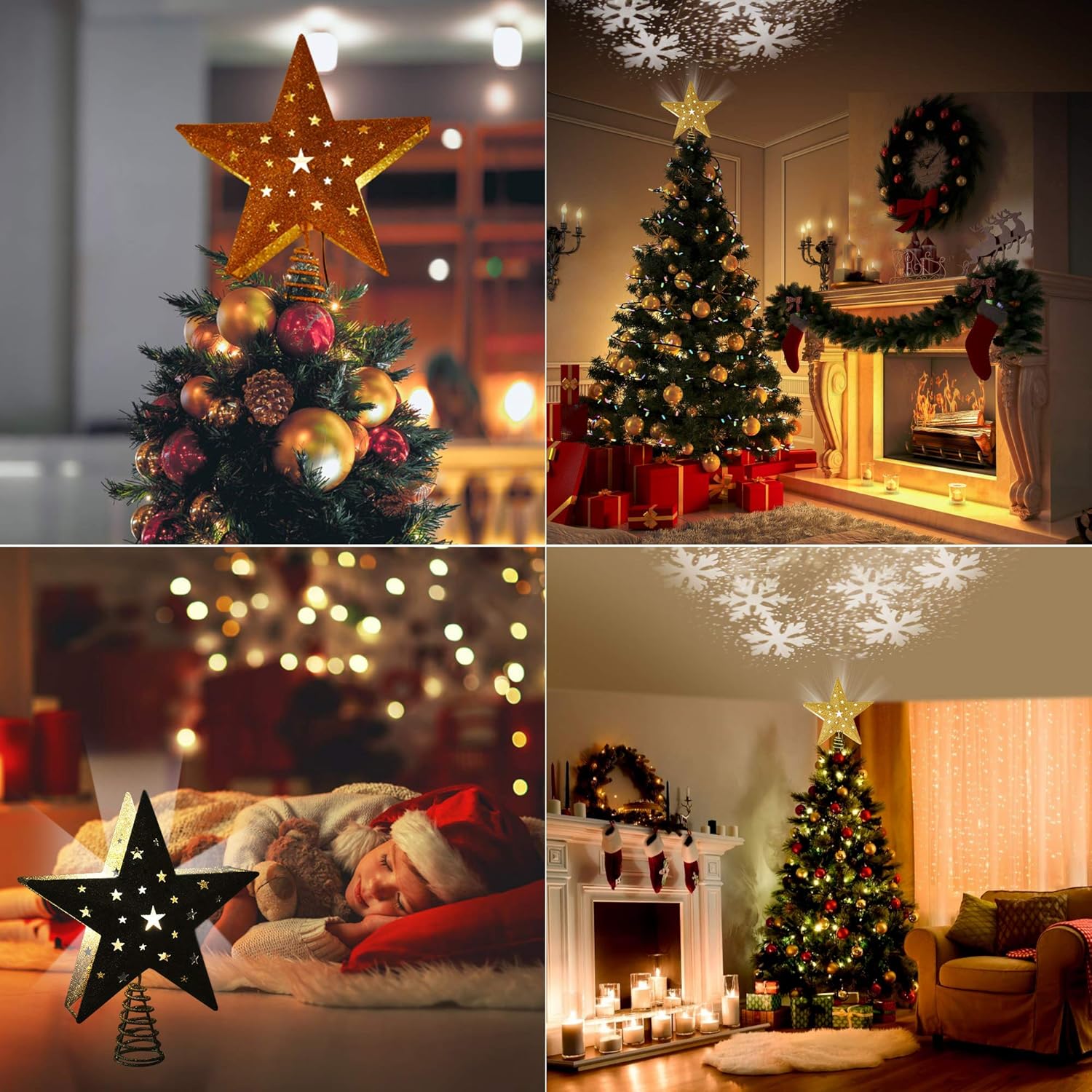 IPOW LED Snowflake Projector Star Christmas Tree Topper, 11.3'' Golden Glittered Star Treetop Lighted Rotating Snow Flake for Christmas Tree Decoration, Ideal as LED Night Light Projector for Children