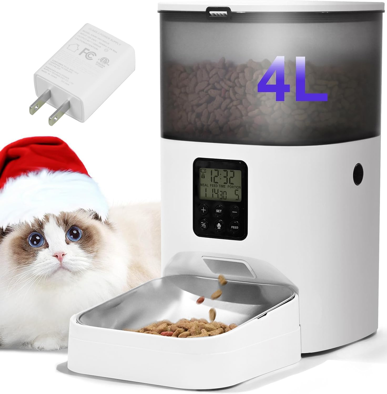 Automatic Cat Feeder, 4L Cat Food Dispenser with 10s Voice Recorder, Pet Feeder up to 8 Meals per Day, Timed Dog Feeder with Dry Food Sealed Ring (White, 4L-Basic)
