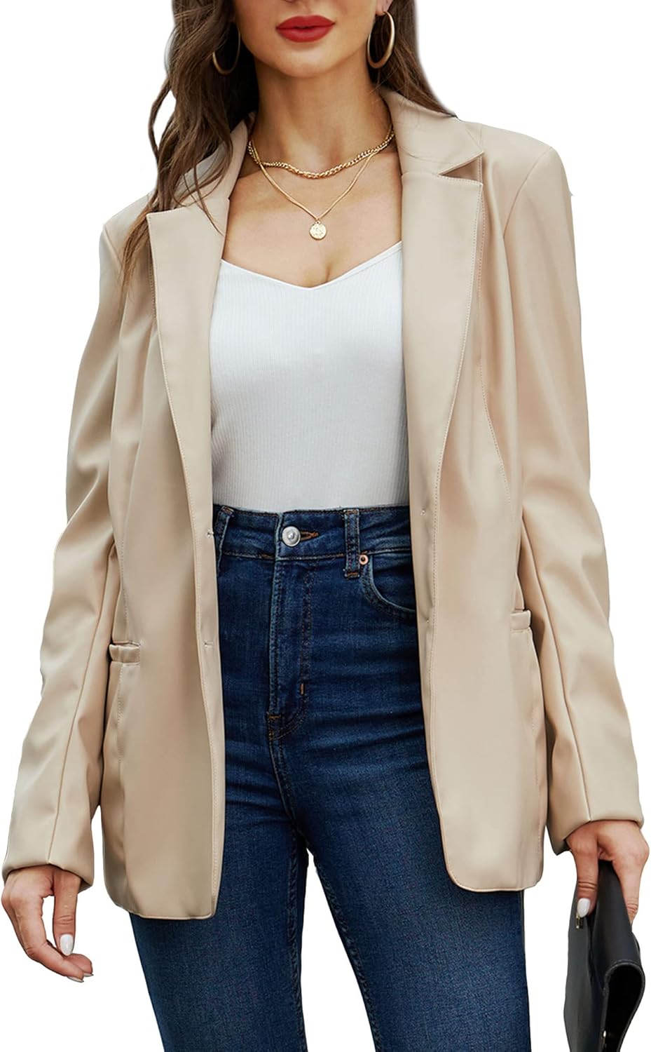 RISISSIDA Women Faux Leather Blazer Jacket,Spring Fall Vegan Pleather Soft Casual Lapel Button Down Coat