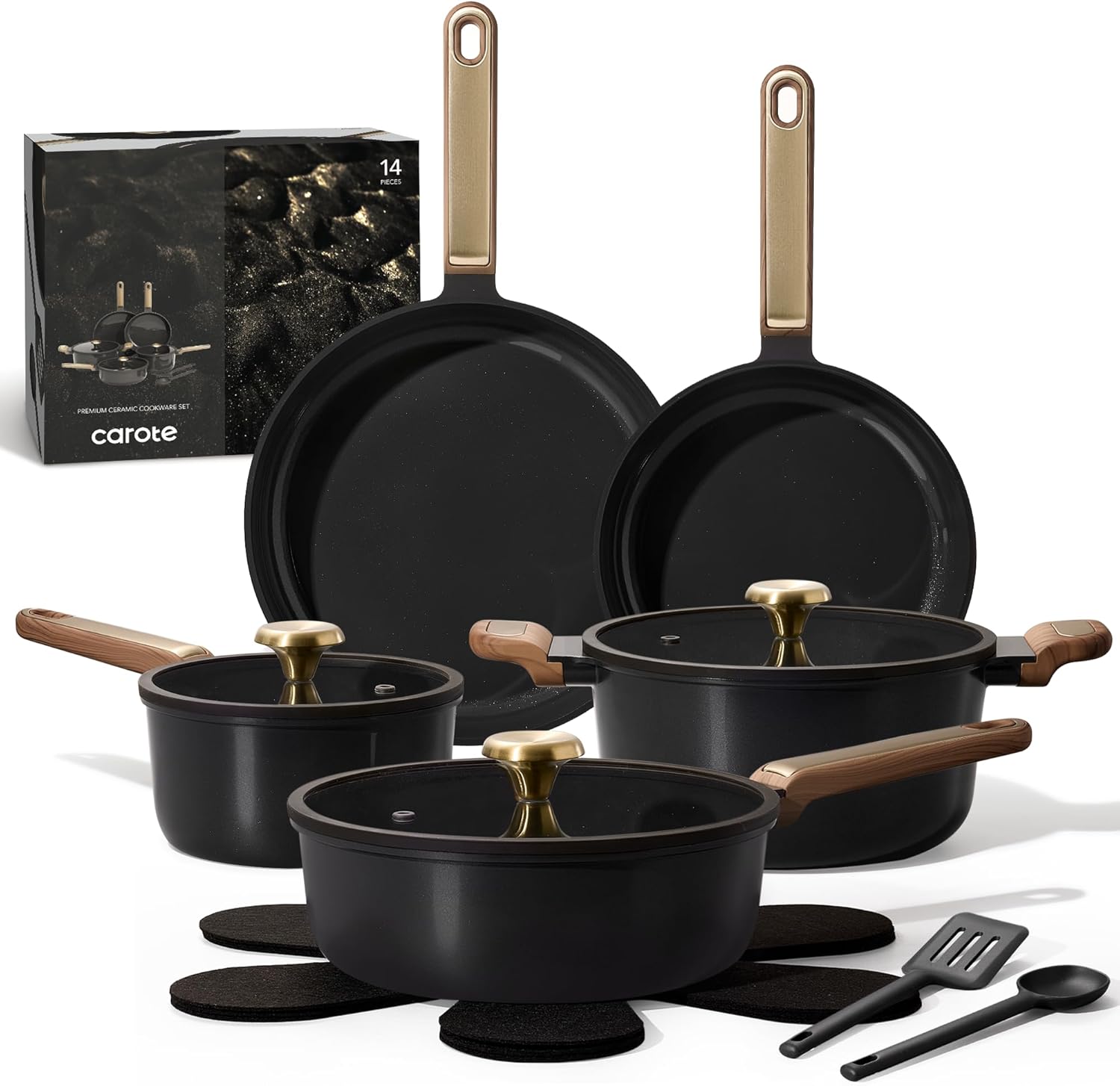 CAROTE Ceramic Cookware Set Nonstick, 14pcs Pots and Pans Set Nonstick, Non-Toxic & PFAS-Free, Dishwasher, RV/Camping Cookware Set, Cooking Pots with Lids, Pink Blush