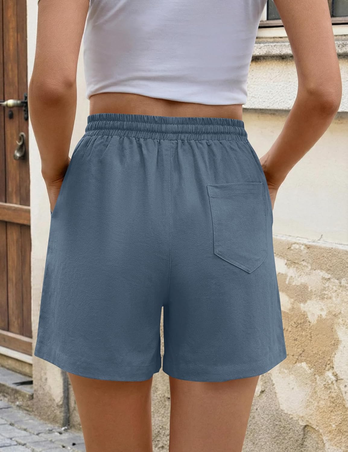 AKEWEI Linen Shorts Women Casual Wide Leg High Waisted Summer Pants Comfy Elastic Waist Drawstring Shorts with Pockets