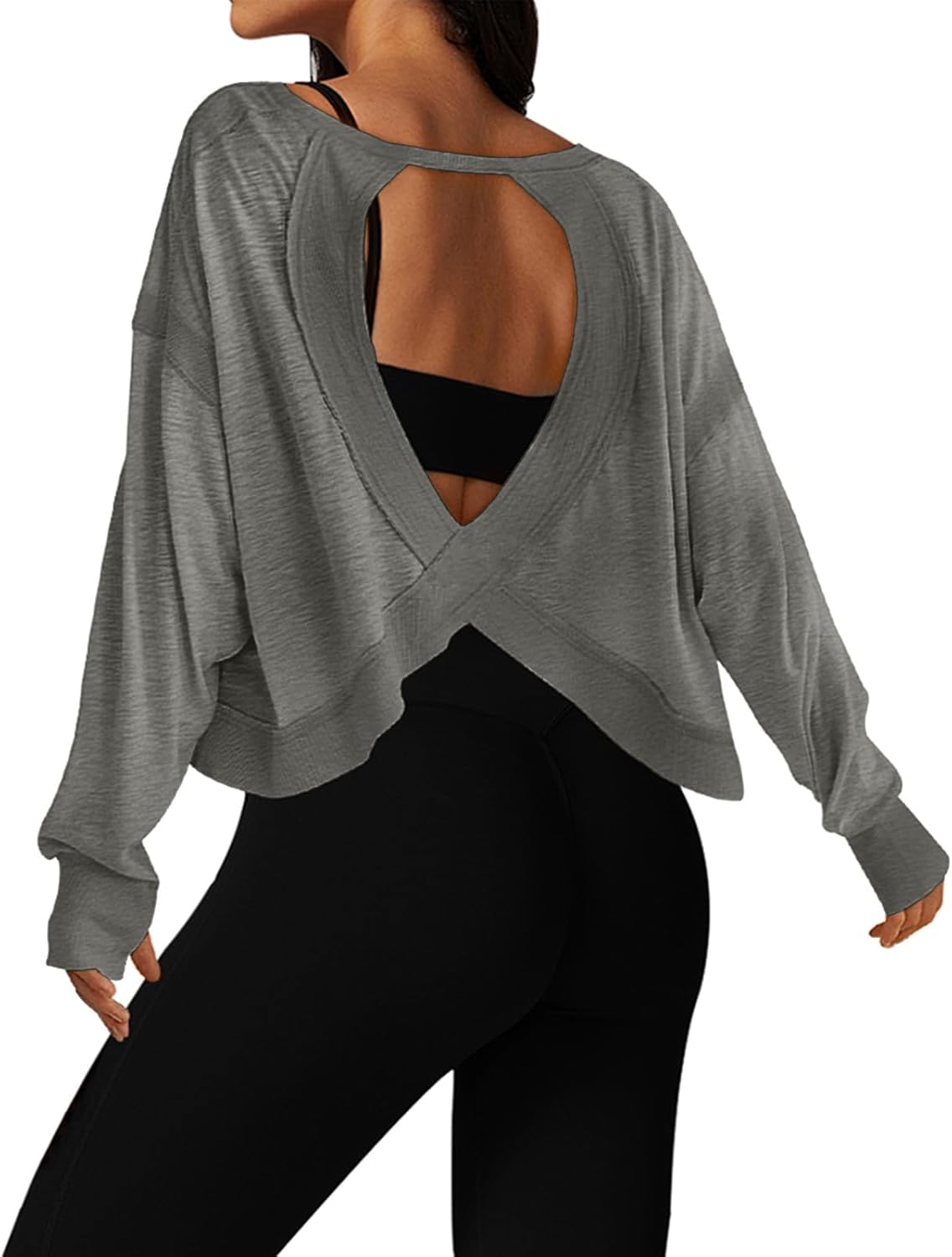 UNIANKIYA Open Back Workout Tops for Women Long Sleeve Cropped Athletic Clothes Gym Running Yoga Low Impact Sports T Shirts