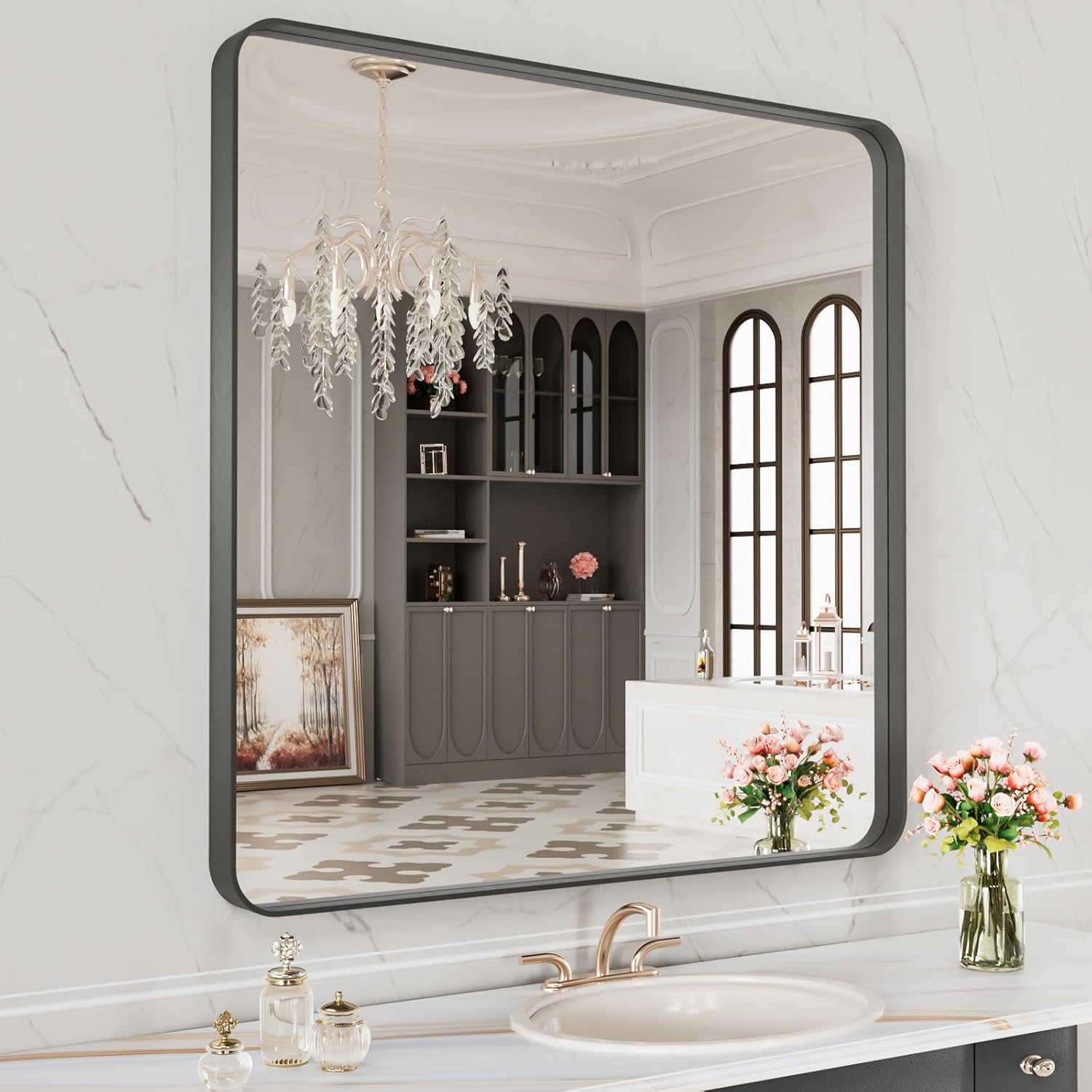 LOAAO 40X36 Inch Black Metal Framed Bathroom Mirror for Wall, Matte Black Bathroom Vanity Mirror Farmhouse, Anti-Rust, Tempered Glass, Hangs Horizontally or Vertically