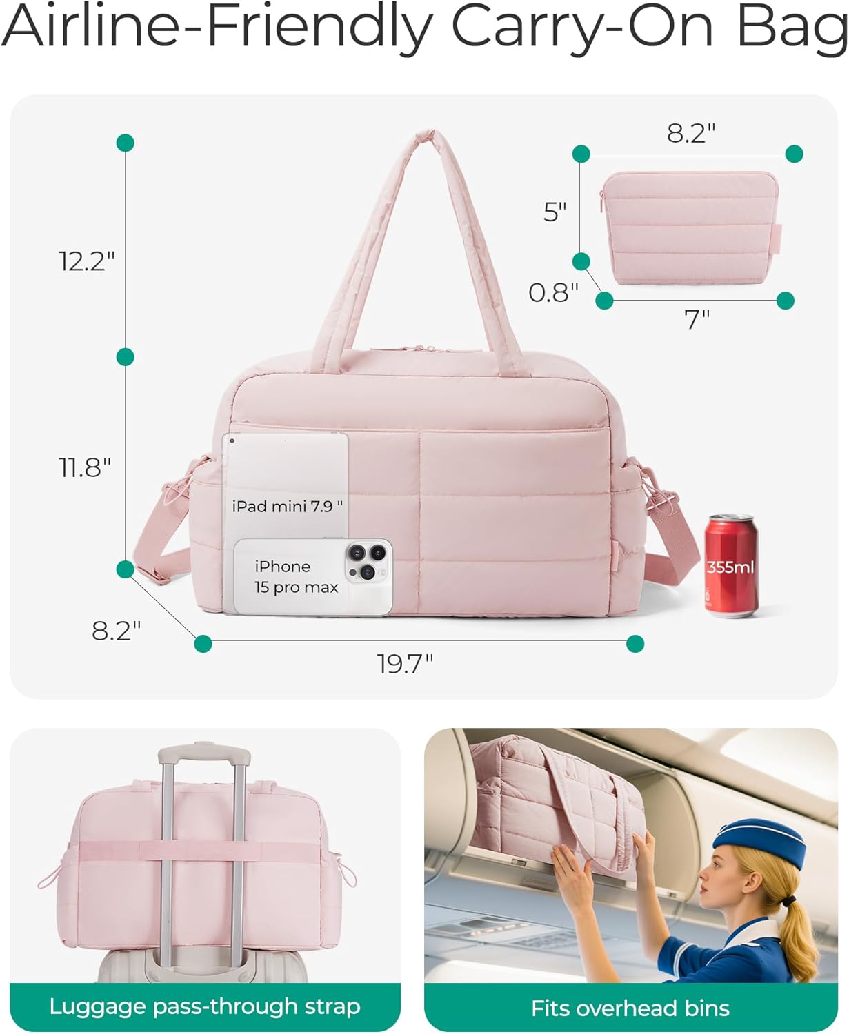 BAGSMART Gym Bag for Women, Lightweight Puffer Duffle Bag 2-PC Travel Bag, 31L Weekender Overnight Bag Quilted Carry On Tote Bag, Diaper Hospital Dance bag for Travel, Gym, Water Resistant, Pink