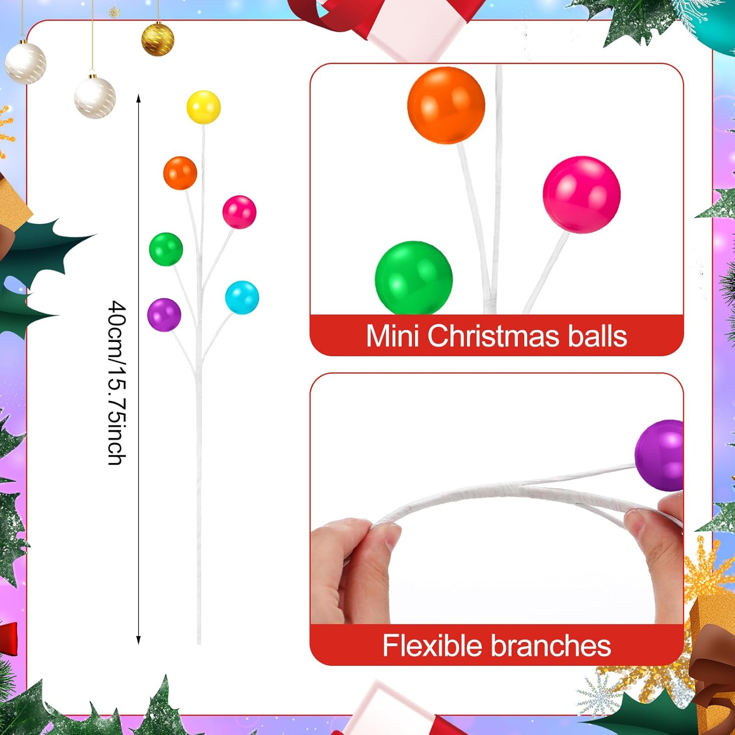 Sosation 6 Pack Christmas Ball Picks Neon Color Christmas Tree Ornaments Colored Spheres Shatterproof Xmas Ball Picks Branches for Xmas Tree Vase Wreath Stairs Garland Decoration Supplies