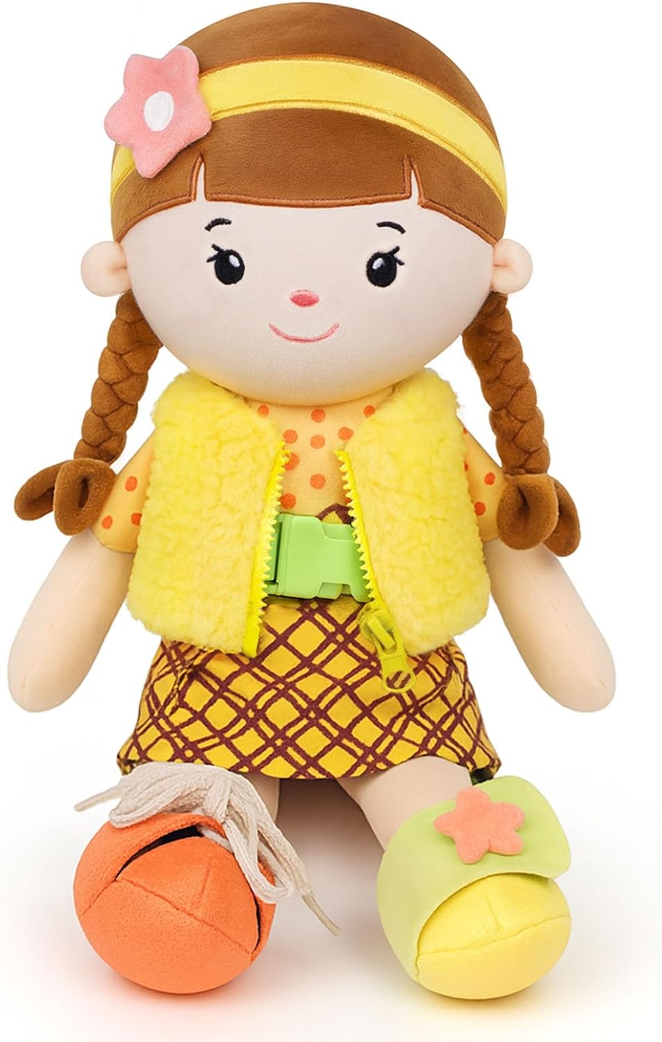 Soft Baby Doll Toys (16'') Educational Plush Doll for Girls Learning Sensory Montessori Toy Birthday Cuddly Plush Toys for Toddler Kids (Yellow)