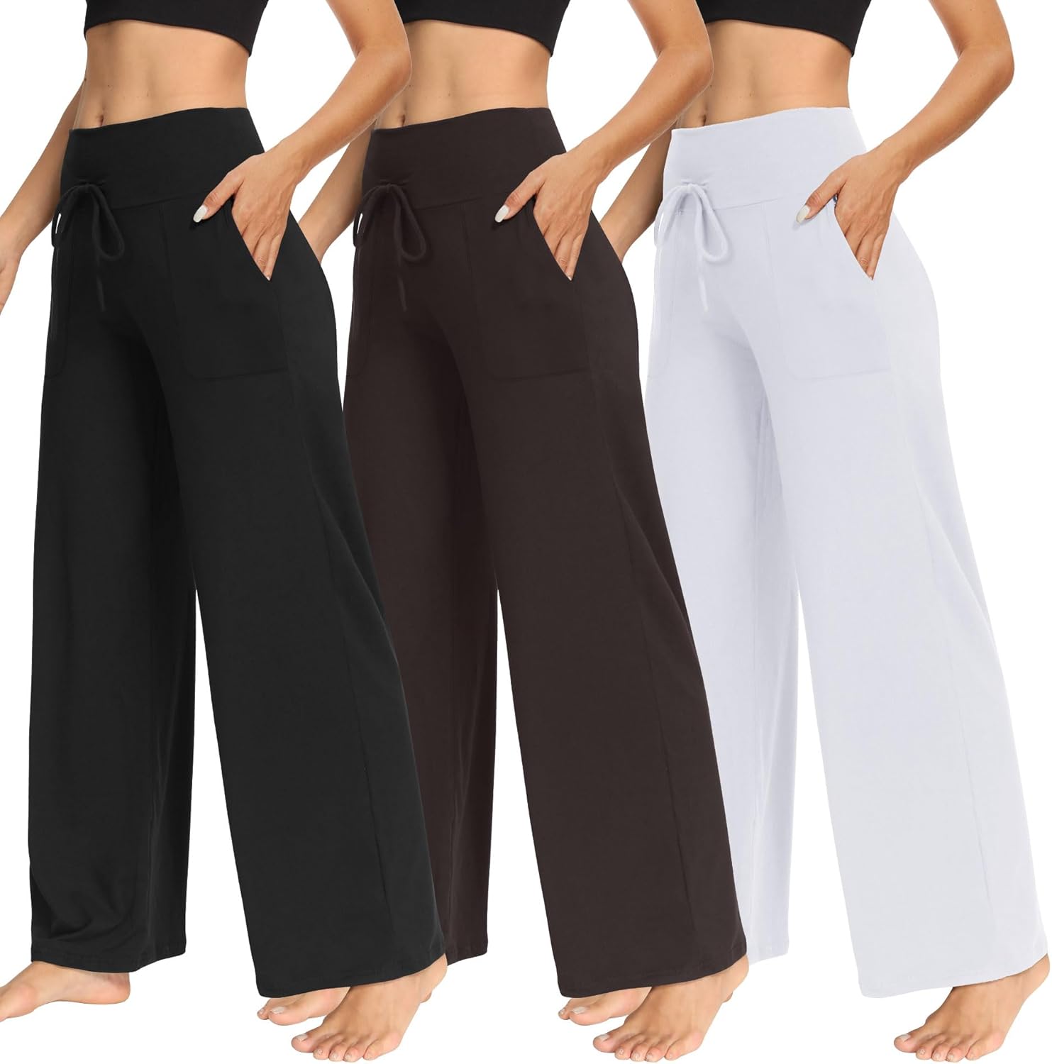 TNNZEET 3 Pack Women's Wide Leg Pants with Pockets - Casual Loose Yoga Trouser Pants Sweatpants Palazzo Lounge Pajama Pants