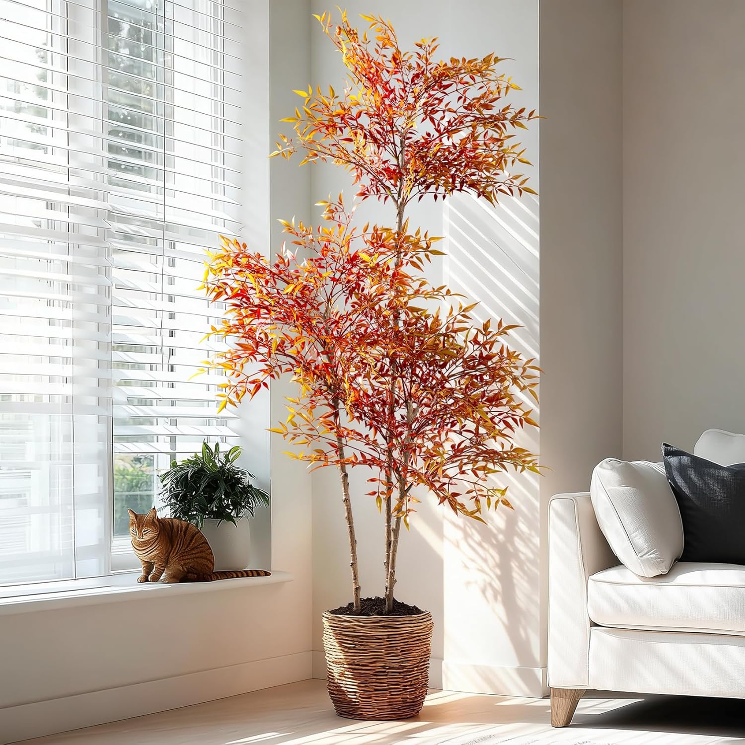 Faux Bamboo Plant Artificial Nandina Tree 7.2FT Artificial Plants Realistic 90% Better Coverage Faux Plant Bamboo Plants Faux Floor Plant in Pot for Home & Office Decor (Red, 7.2ft)