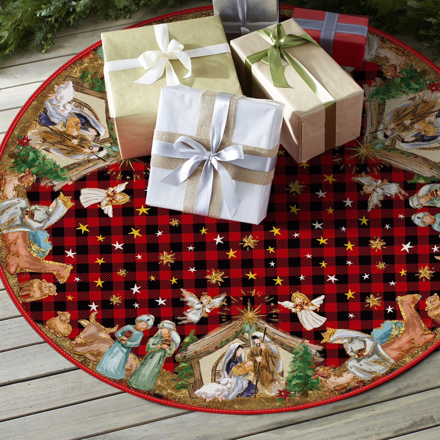 AVOIN colorlife Buffalo Plaid Christmas Tree Skirt 48 Inch, Winter Holiday Tree Decoration