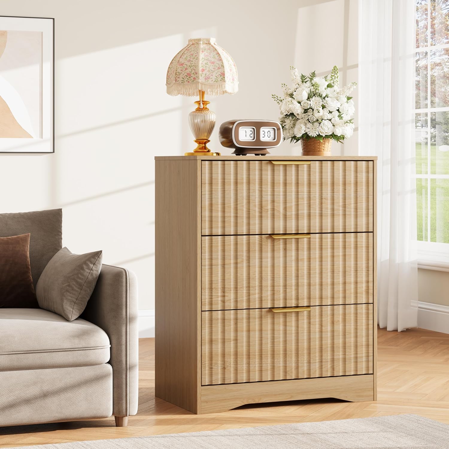 Fluted Nightstand with 3 Drawers, 30