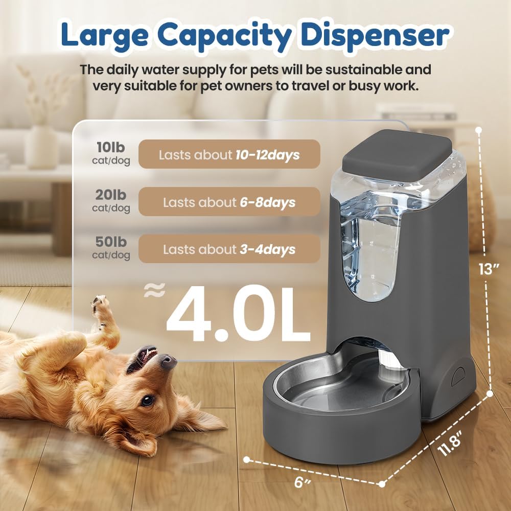1 Gallon Automatic Cat Feeder Gravity Stainless Steel Water Dispenser Dog Feeder for Small Medium Puppy Kitten Pets Water Feeding Bowls, Gray