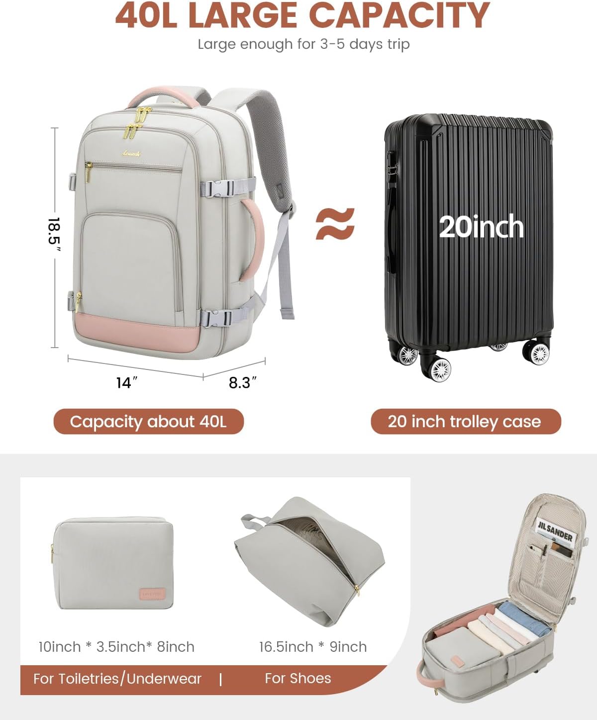 LOVEVOOK Travel Backpack For Women, 40L Carry On Backpack Flight Approved, TSA Personal Item Travel Bag Fits 17 Inch Laptop, Business Weekender Overnight Waterproof Daypack With 2 Cubes, Grey-Pink