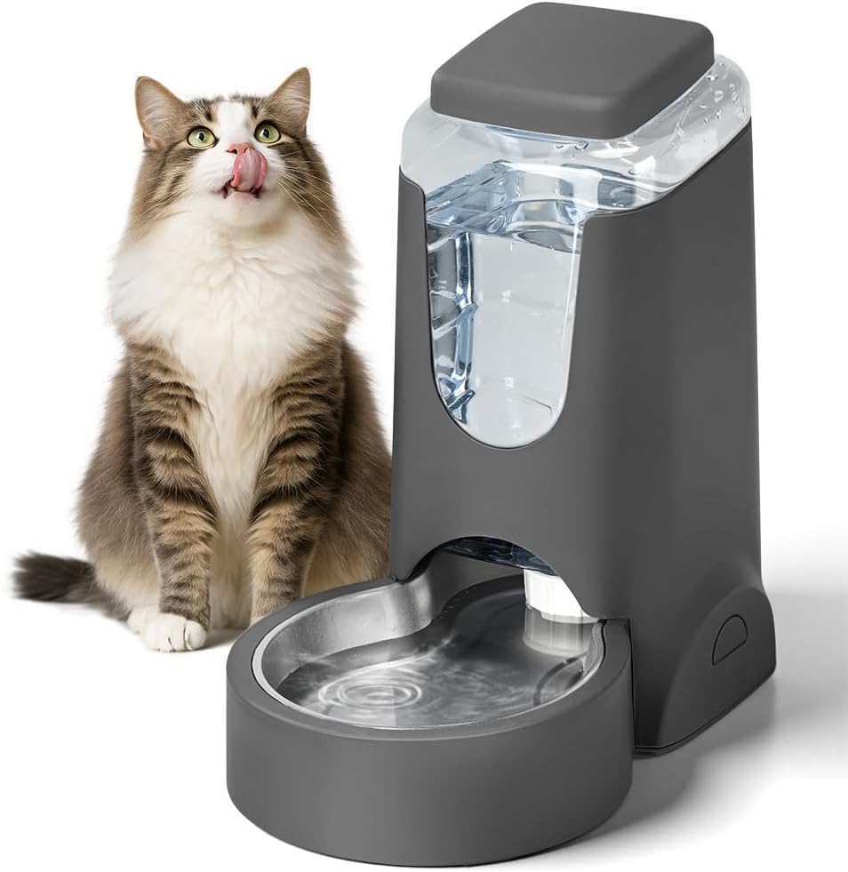 1 Gallon Automatic Cat Feeder Gravity Stainless Steel Water Dispenser Dog Feeder for Small Medium Puppy Kitten Pets Water Feeding Bowls, Gray