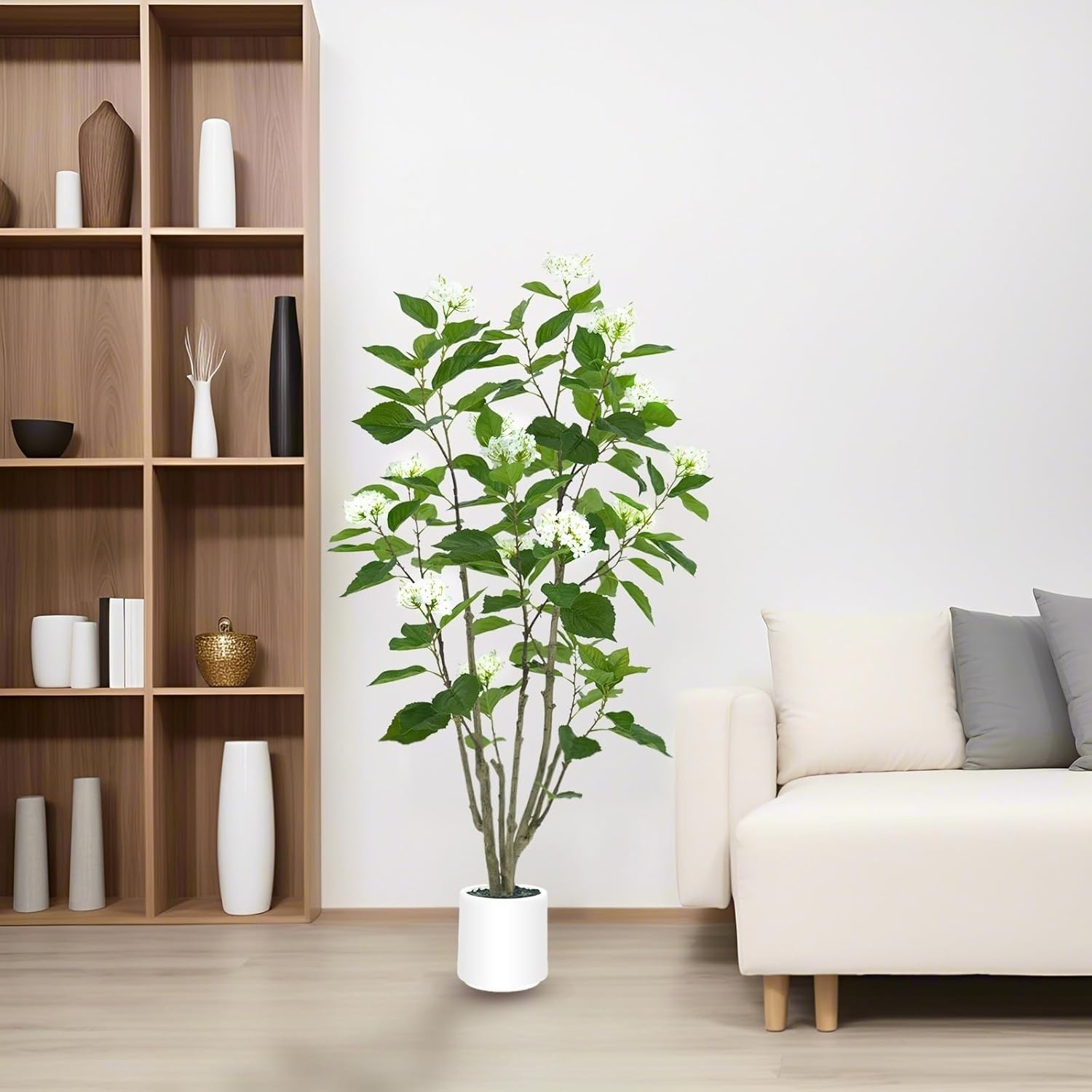 5ft Artificial Hydrangea Tree - Real Touch Silk Flowers & Adjustable Branches - Lifelike Faux Potted Plant for Indoor Living Room, Wedding, Porch, Farmhouse Home Decor