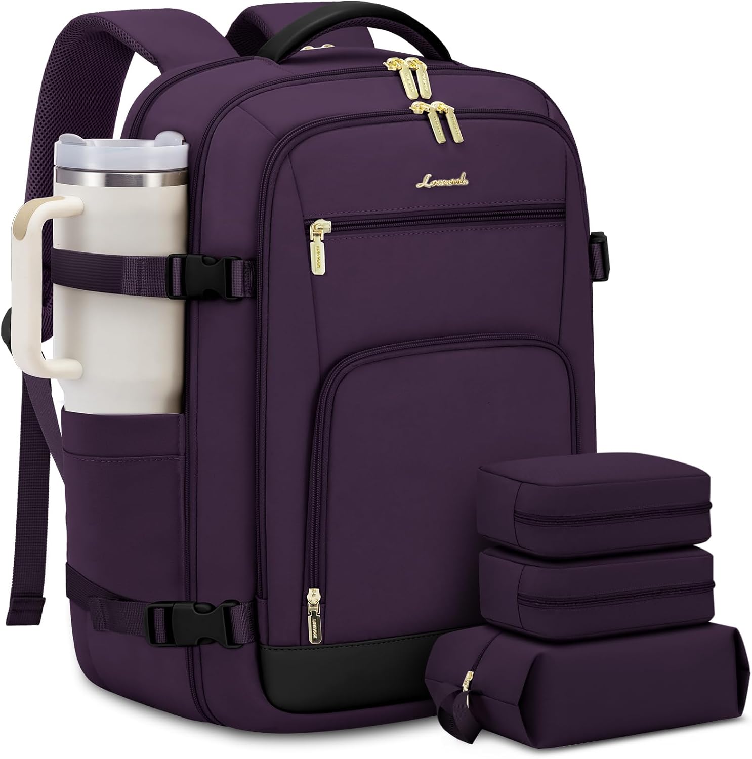 LOVEVOOK Travel Backpack For Women, 40L Carry On Backpack Flight Approved, TSA Personal Item Travel Bag Fits 17 Inch Laptop, Business Weekender Overnight Waterproof Daypack With 2 Cubes, Grey-Pink