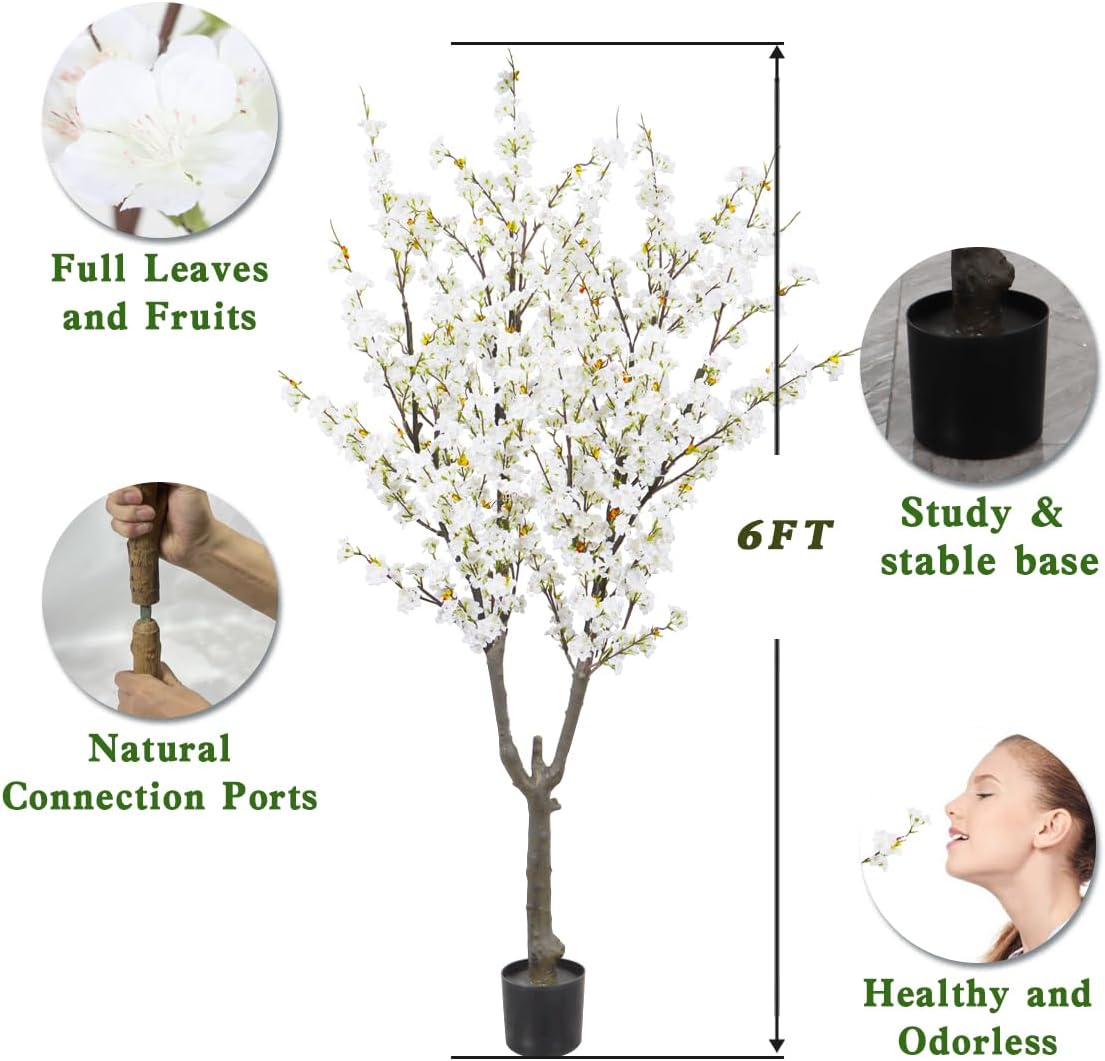 Artificial Cherry Blossom Tree 6ft Tall Indoor Faux White Flower Tree,Fake Cherry Blossom Tree for Home Office Party Wedding Decor