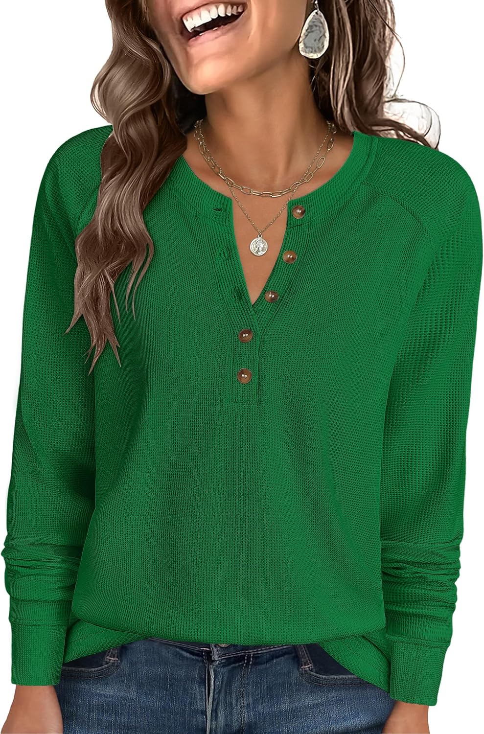 ANRABESS Women's Long Sleeve Waffle Knit Shirts Dressy Casual Loose Button Up V Neck Henley Tops 2026 Fall Basic Tee Blouse