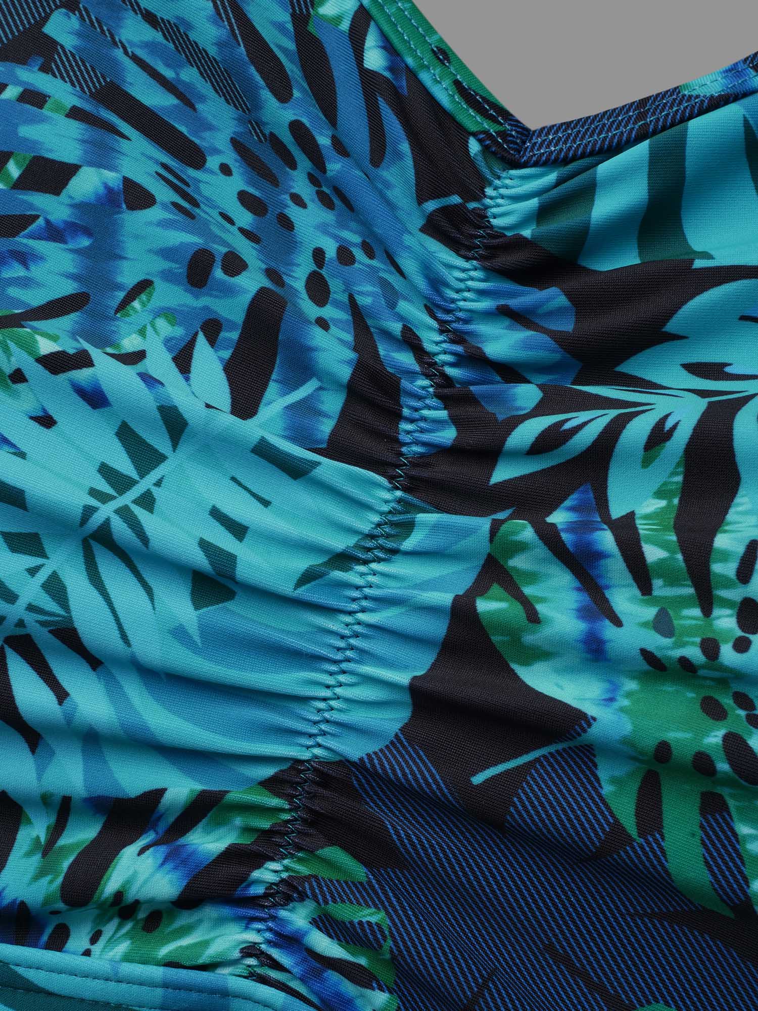 Tropical Print Patchwork Mesh Side Slit Swim Dress