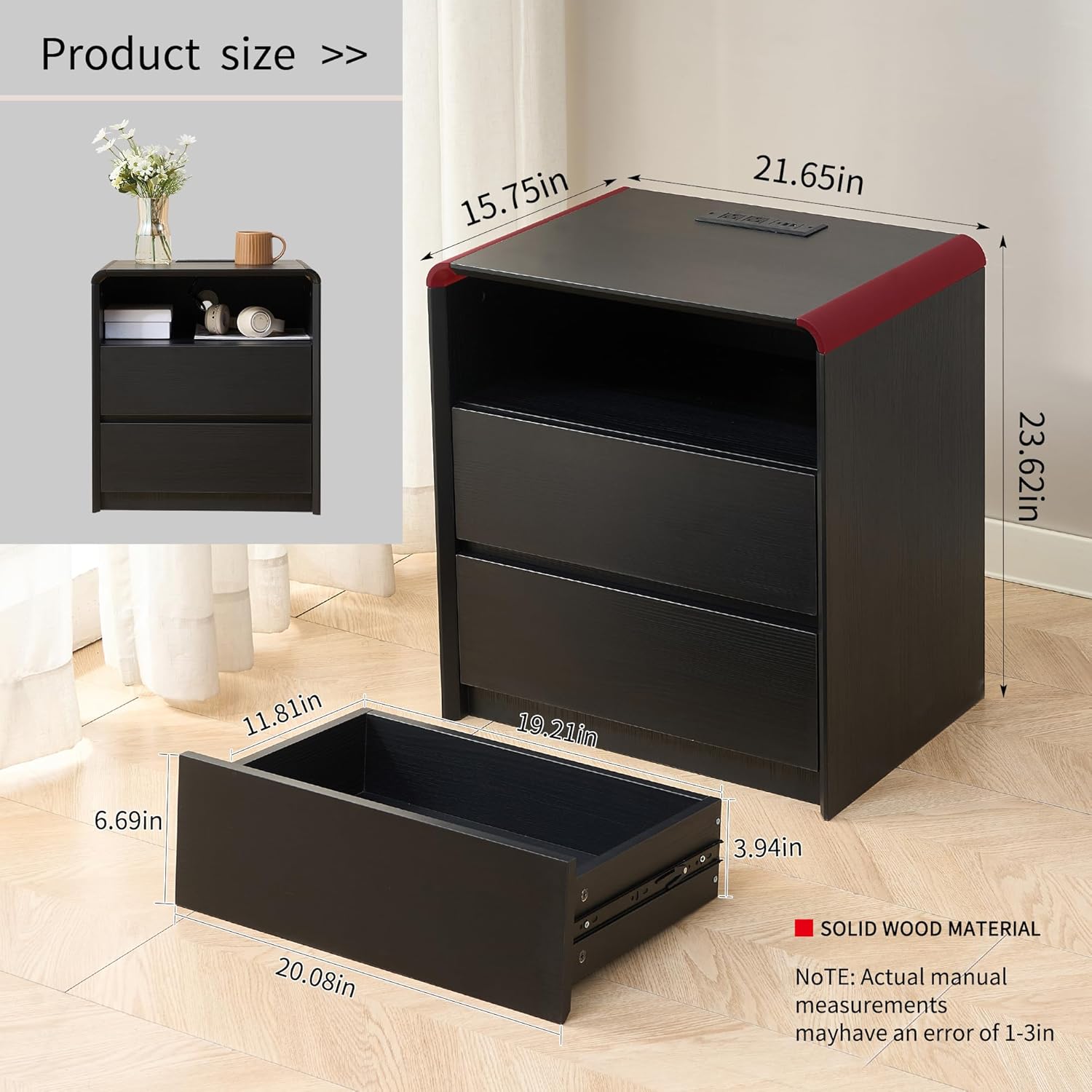 Modern Nightstand for Bedroom,Black Nightstand,2 Storage Drawers Side Table,21.6