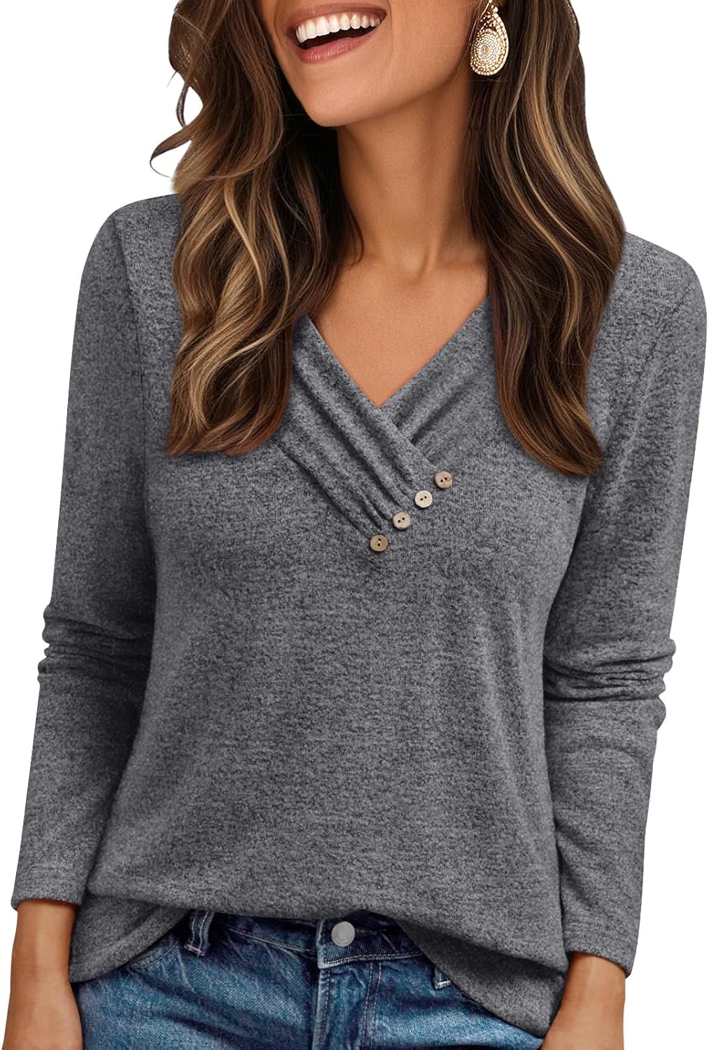 AUTOMET Womens Long Sleeve Tunic Top V Neck Button Shirts 2026 Dressy Casual Business Blouses