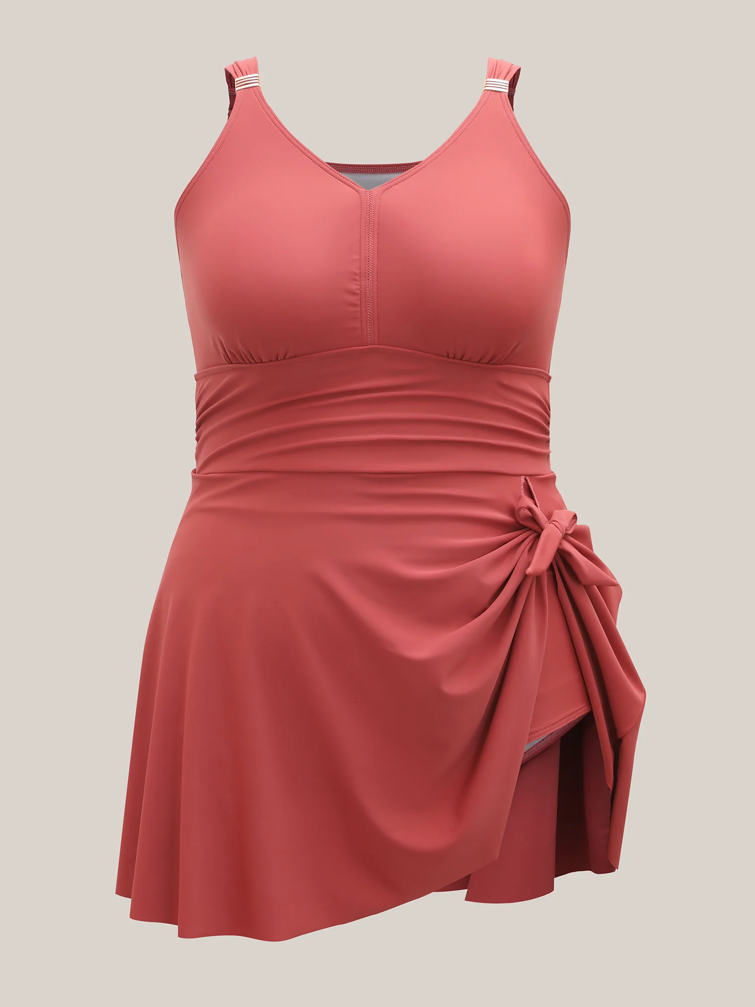Curved Hem Knotted Plain Swim Dress