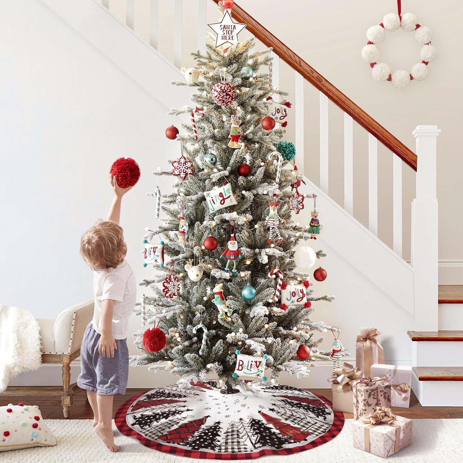 Christmas Tree Skirt 48 Inch, Red and Black Buffalo Plaid Xmas Tree Skirt, Winter Christmas Tree Mat for Home Party Holiday Indoor Outdoor Decorations