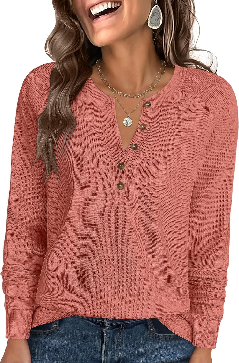 ANRABESS Women's Long Sleeve Waffle Knit Shirts Dressy Casual Loose Button Up V Neck Henley Tops 2026 Fall Basic Tee Blouse