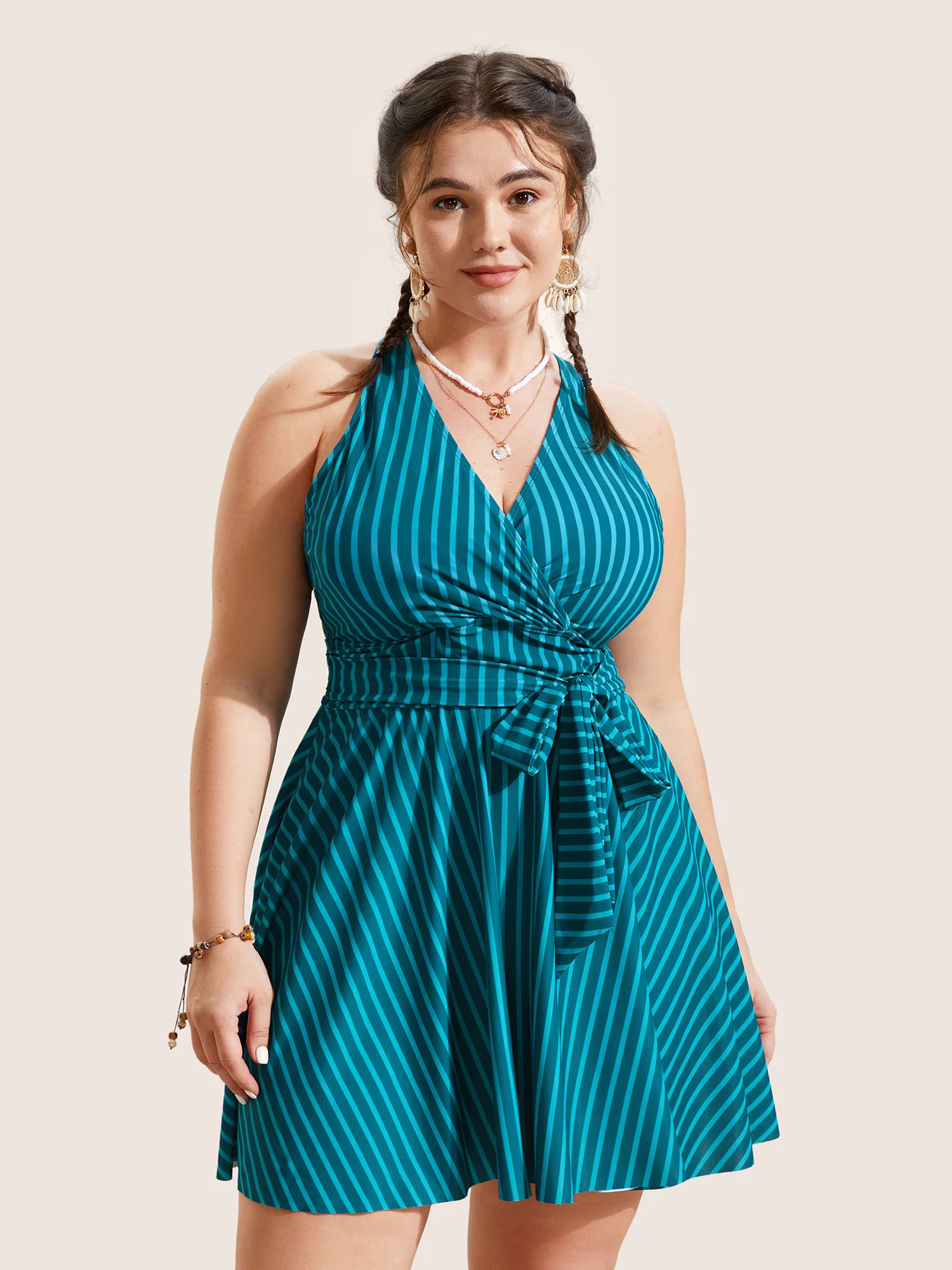 Overlap Collar Striped Tie Knot Swim Dress