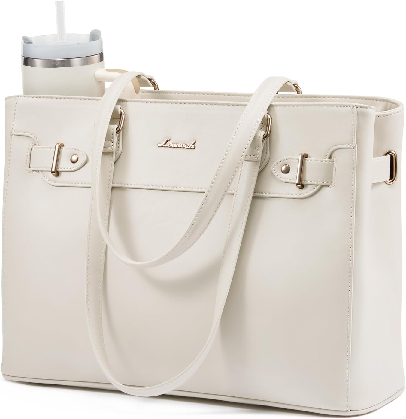 LOVEVOOK Laptop Tote Bag for Women Work, Teacher Tote Bag with Large Cup Holder, 15.6 Inch Waterproof Leather Computer Bag