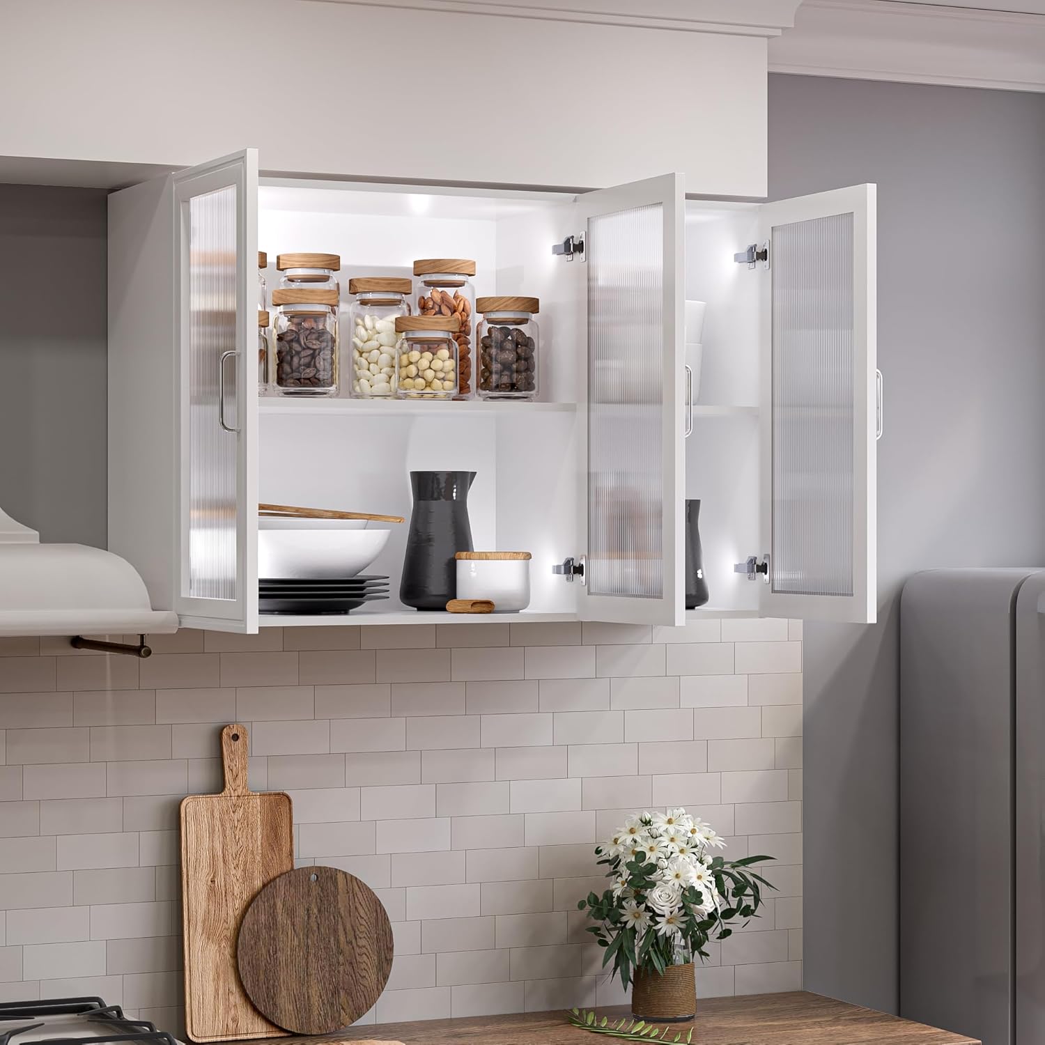 Kitchen Wall Cabinets 4 Doors - Laundry Wall Mounted Storage Cabinets with Acrylic Glass Doors in White, 24