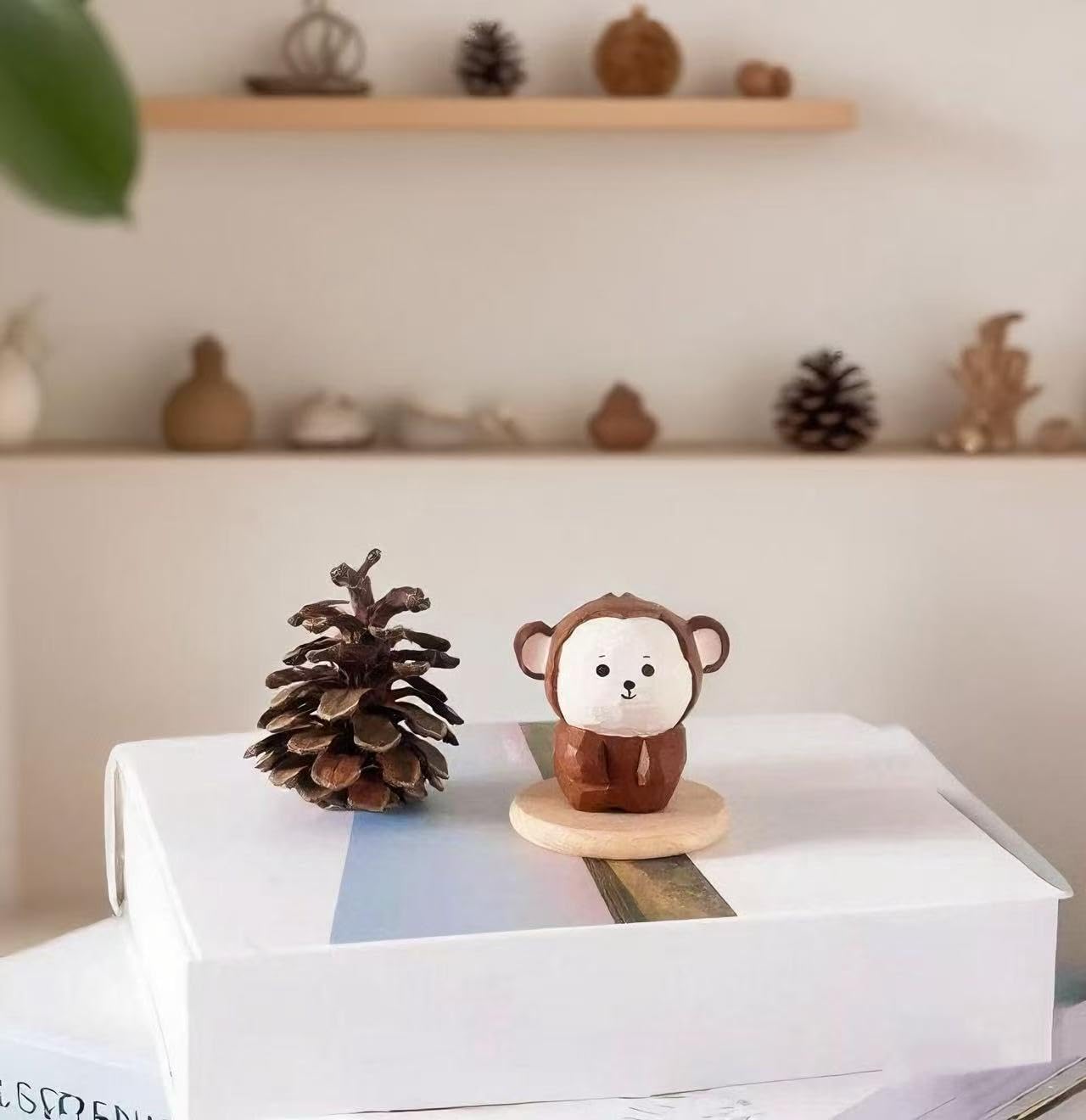 Small Wooden Monkey Figurines Craft, 1.6’’H Hand-Carved Painted Monkey Figurine with Base, Cute Desktop Decor, Wooden Animal Statue Home Decor, Gift for Animal Lovers