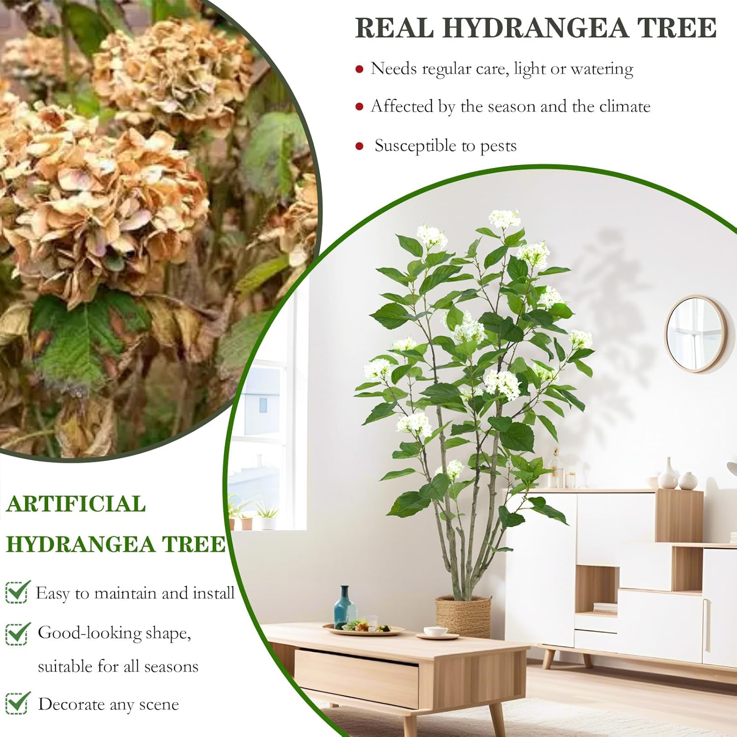 5ft Artificial Hydrangea Tree - Real Touch Silk Flowers & Adjustable Branches - Lifelike Faux Potted Plant for Indoor Living Room, Wedding, Porch, Farmhouse Home Decor