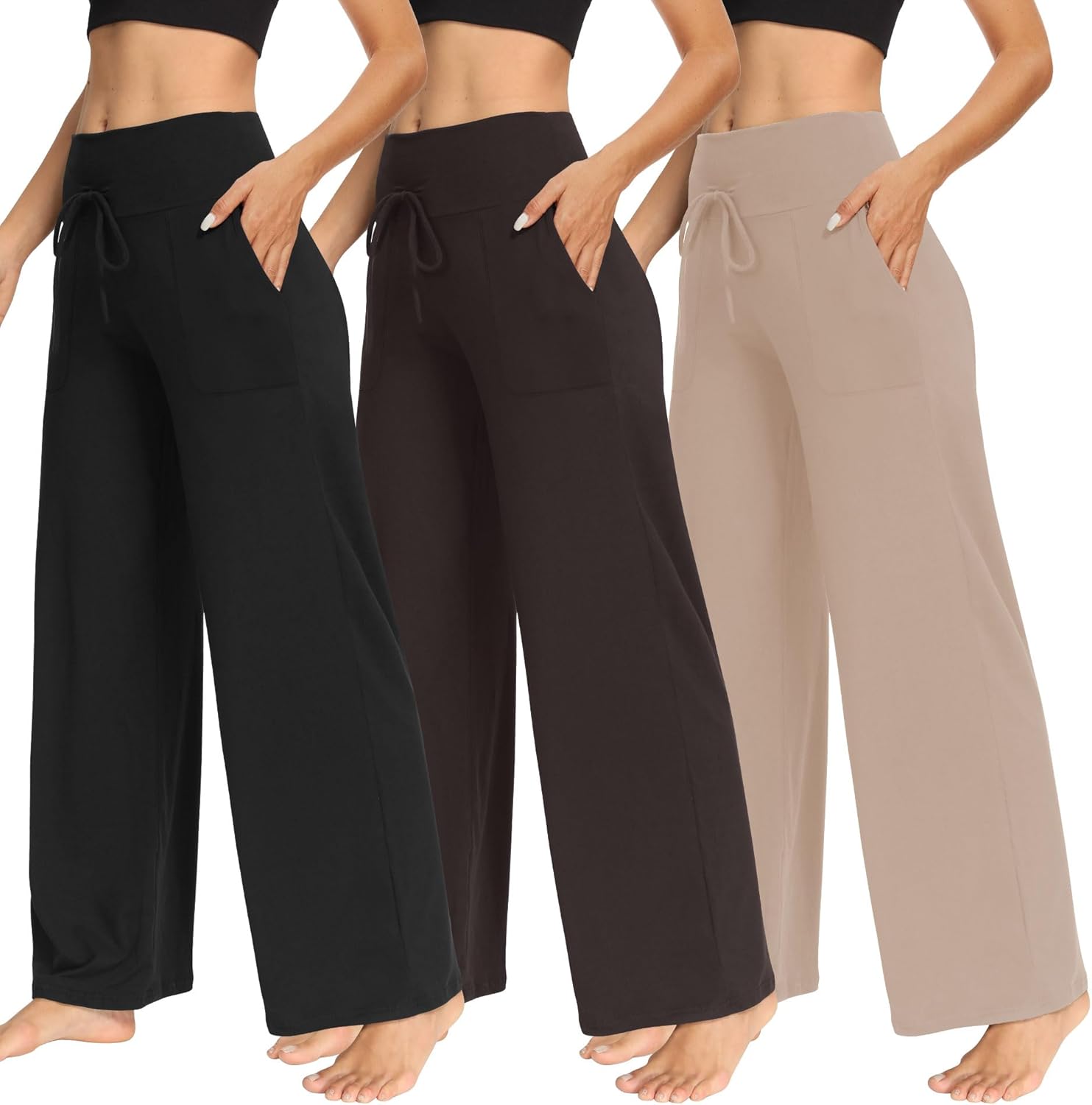 TNNZEET 3 Pack Women's Wide Leg Pants with Pockets - Casual Loose Yoga Trouser Pants Sweatpants Palazzo Lounge Pajama Pants